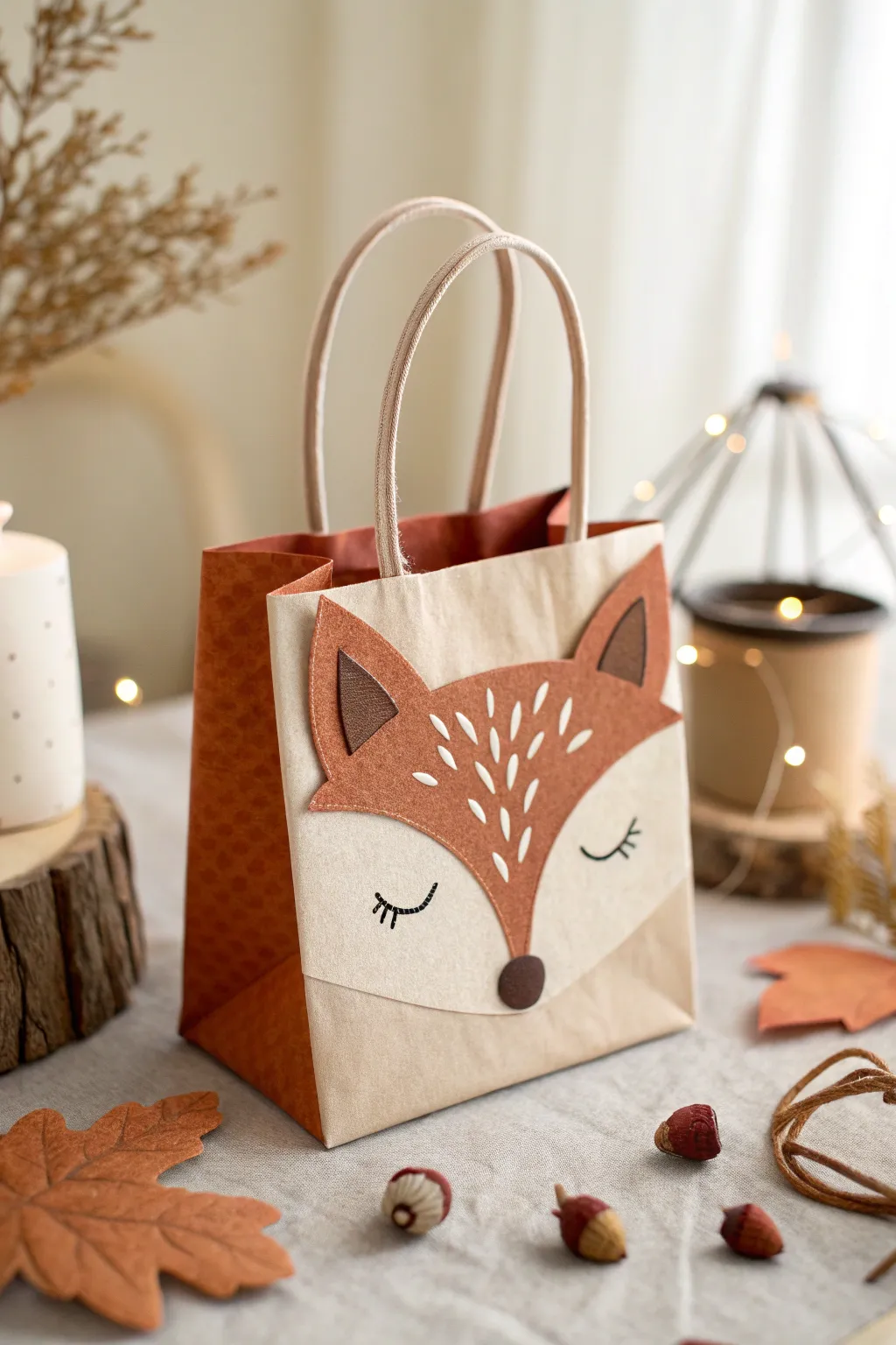 Transform treat bags into charming woodland creatures for a whimsical touch this fall.