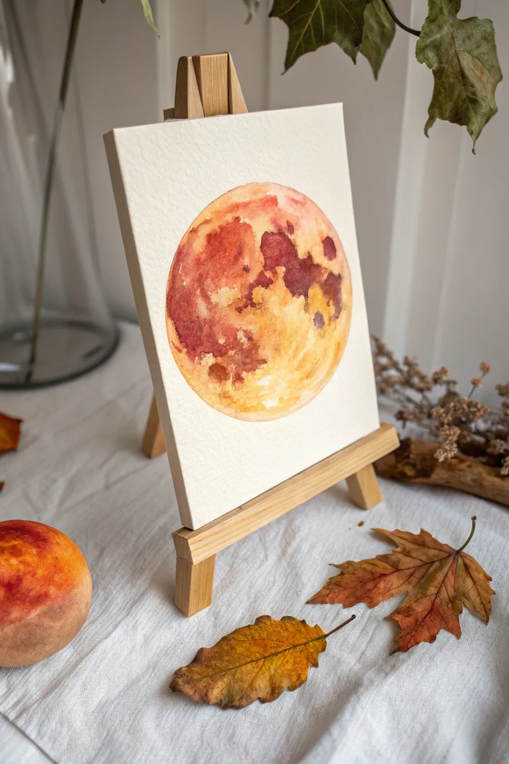 Embrace the enchantment of autumn with a watercolor harvest moon, where simplicity meets natural beauty.