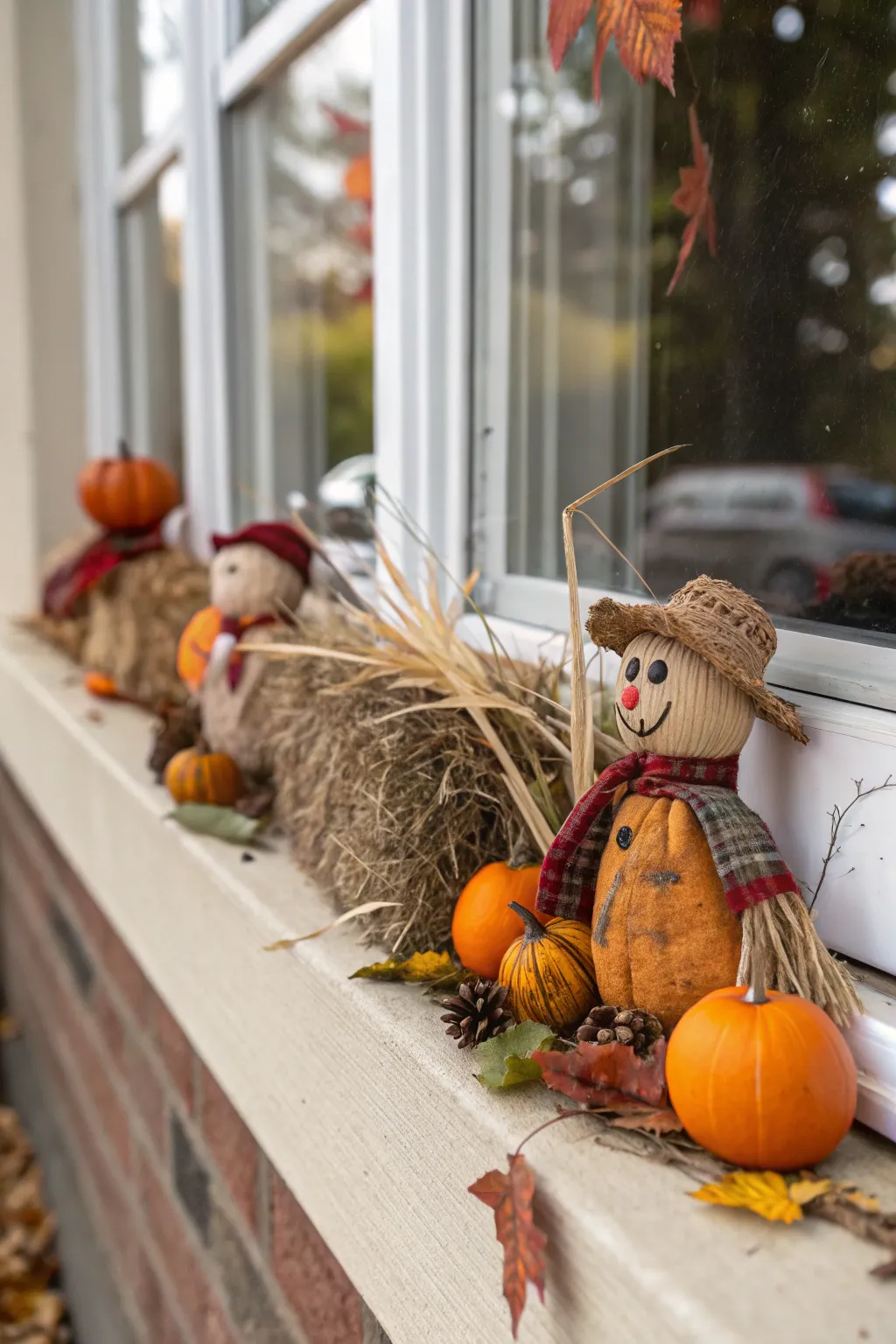 Mini scarecrows bring playful charm to fall windows.