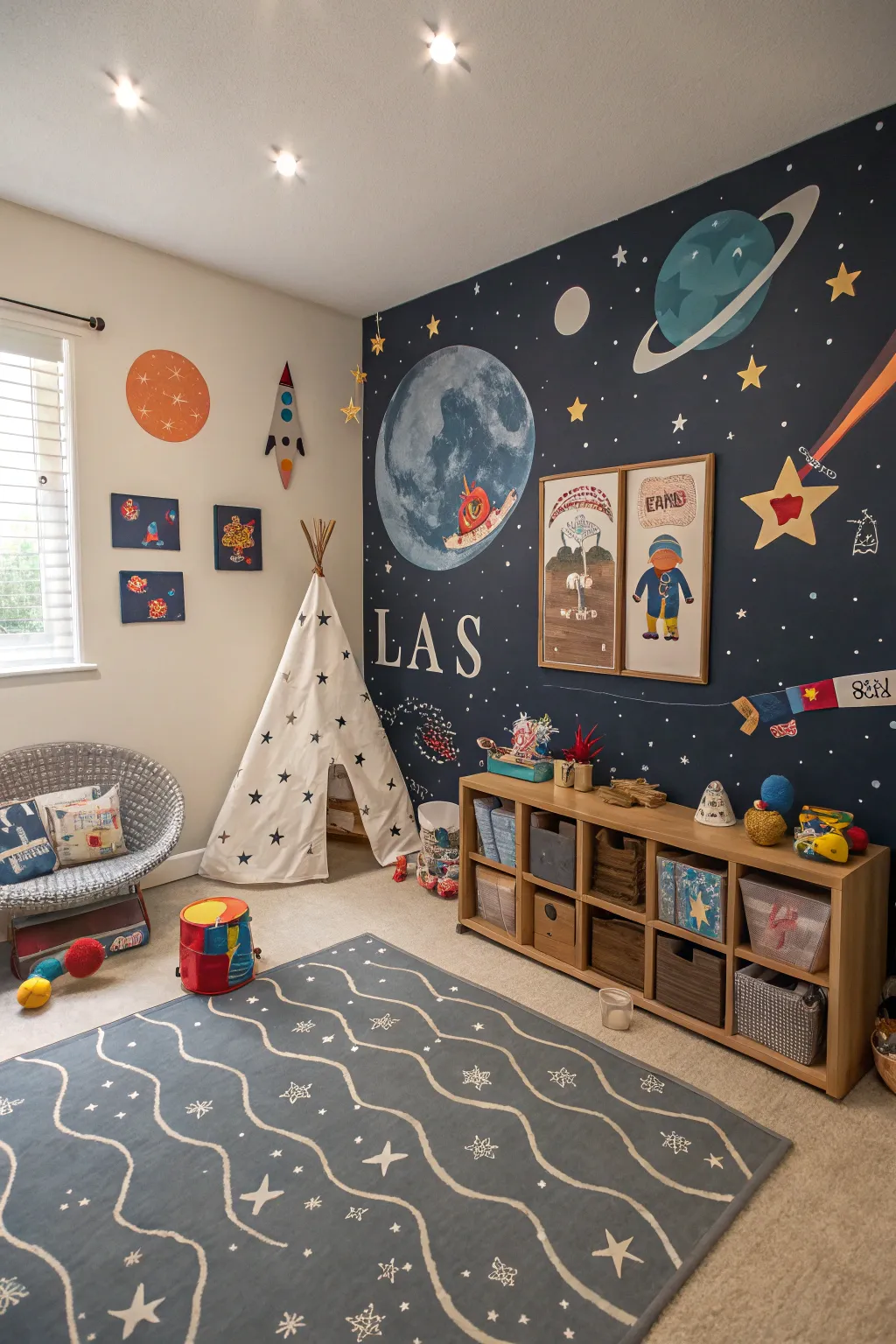 Space-themed decor creates a magical environment in the playroom.