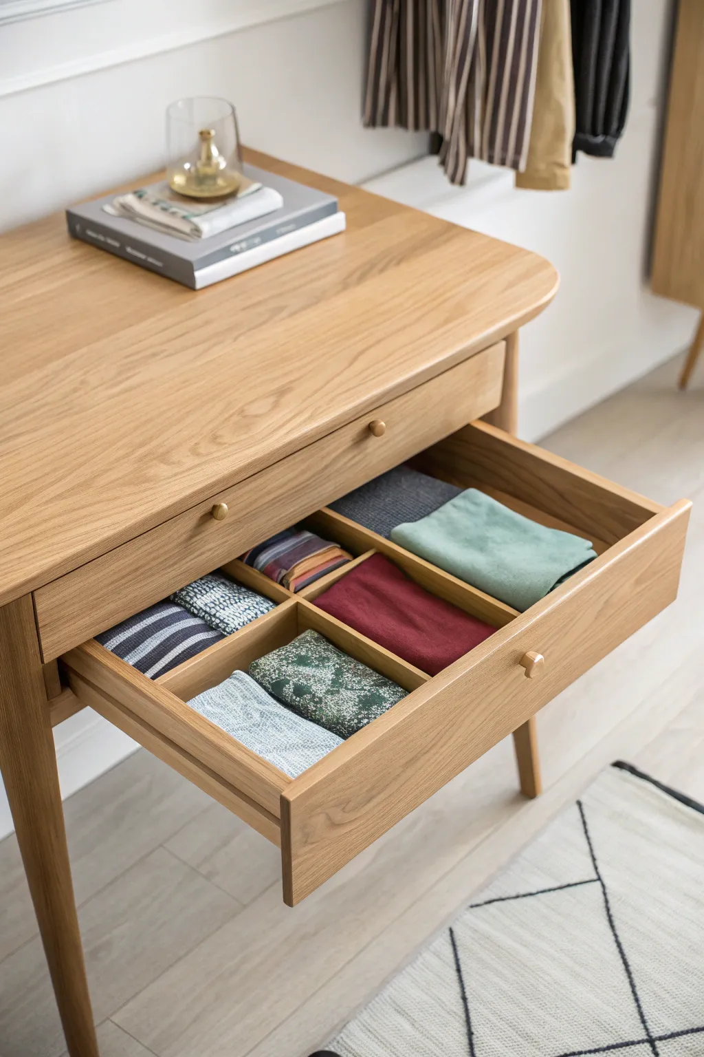 Discover elegance in organization with our under-table drawer storage solution. Perfect for your fabric treasures.