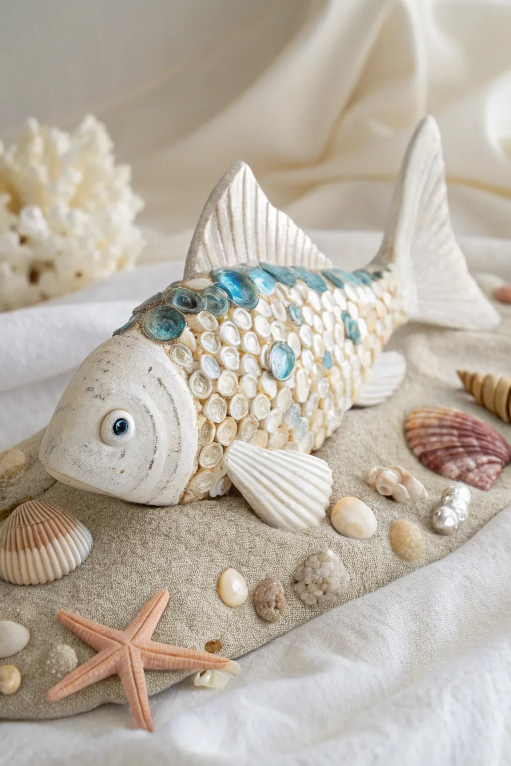 Bring a touch of the ocean into your home with this exquisite seashell-encrusted fish art, a perfect blend of Scandinavian simplicity and bohemian elegance.