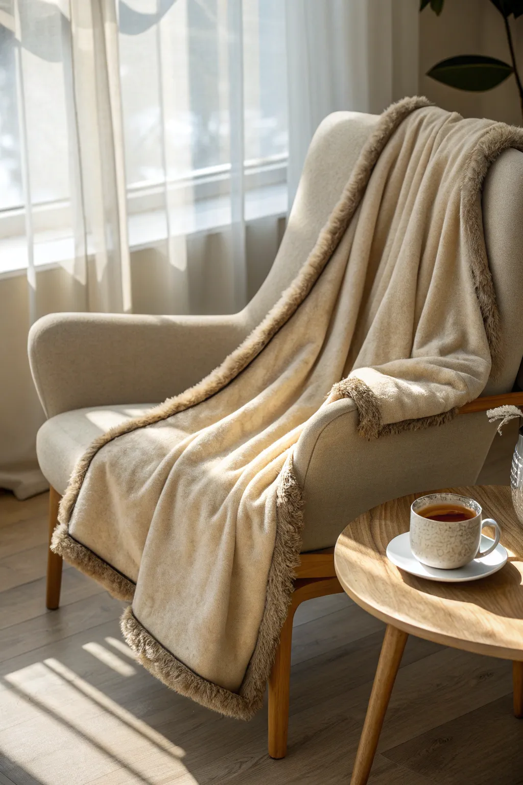 Wrap yourself in the ultimate cozy embrace with this faux fur-trimmed fleece blanket, perfect for those chilly nights.