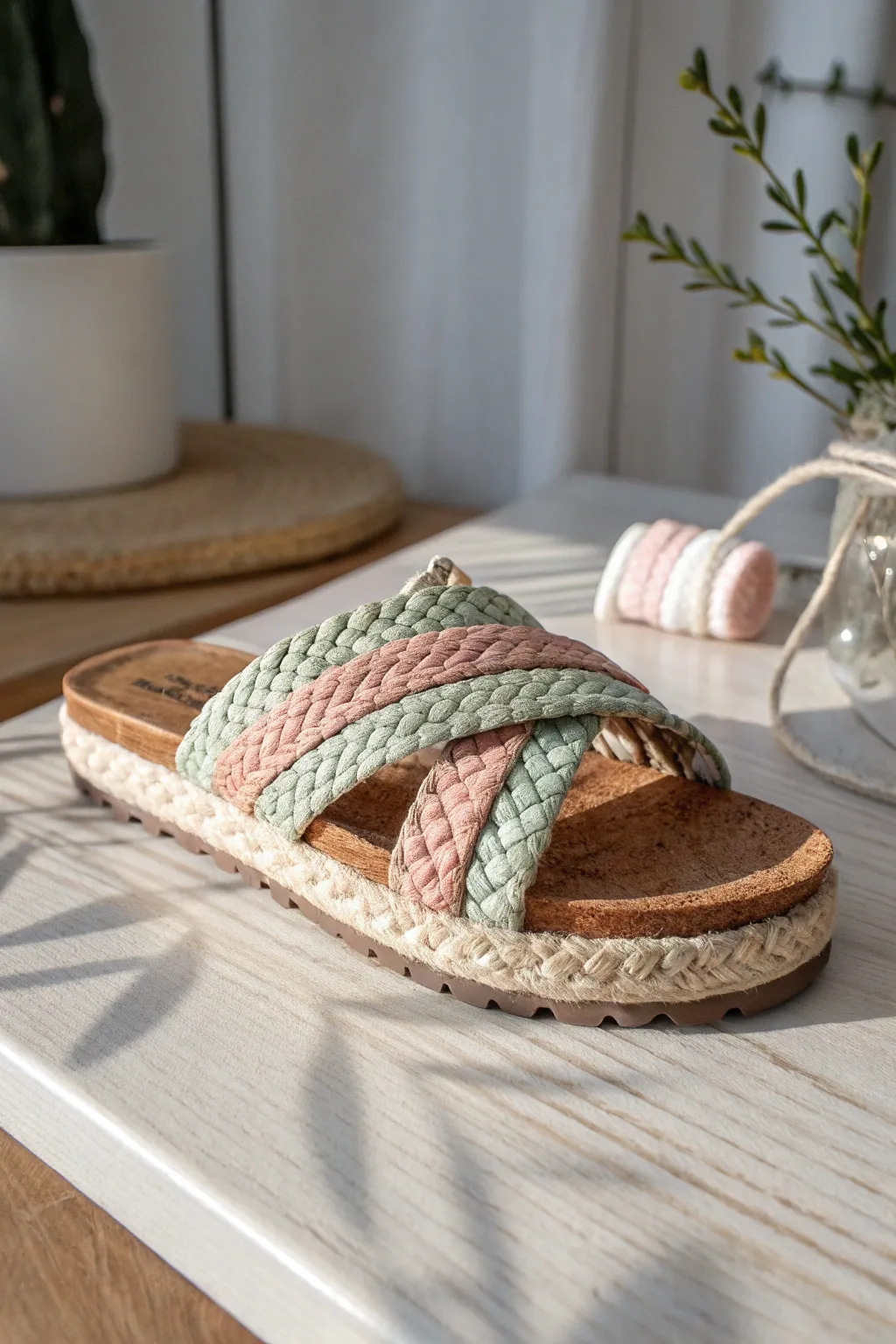 Embrace boho elegance with these handcrafted cork and yarn sandals, perfect for adding a touch of natural beauty to your style.