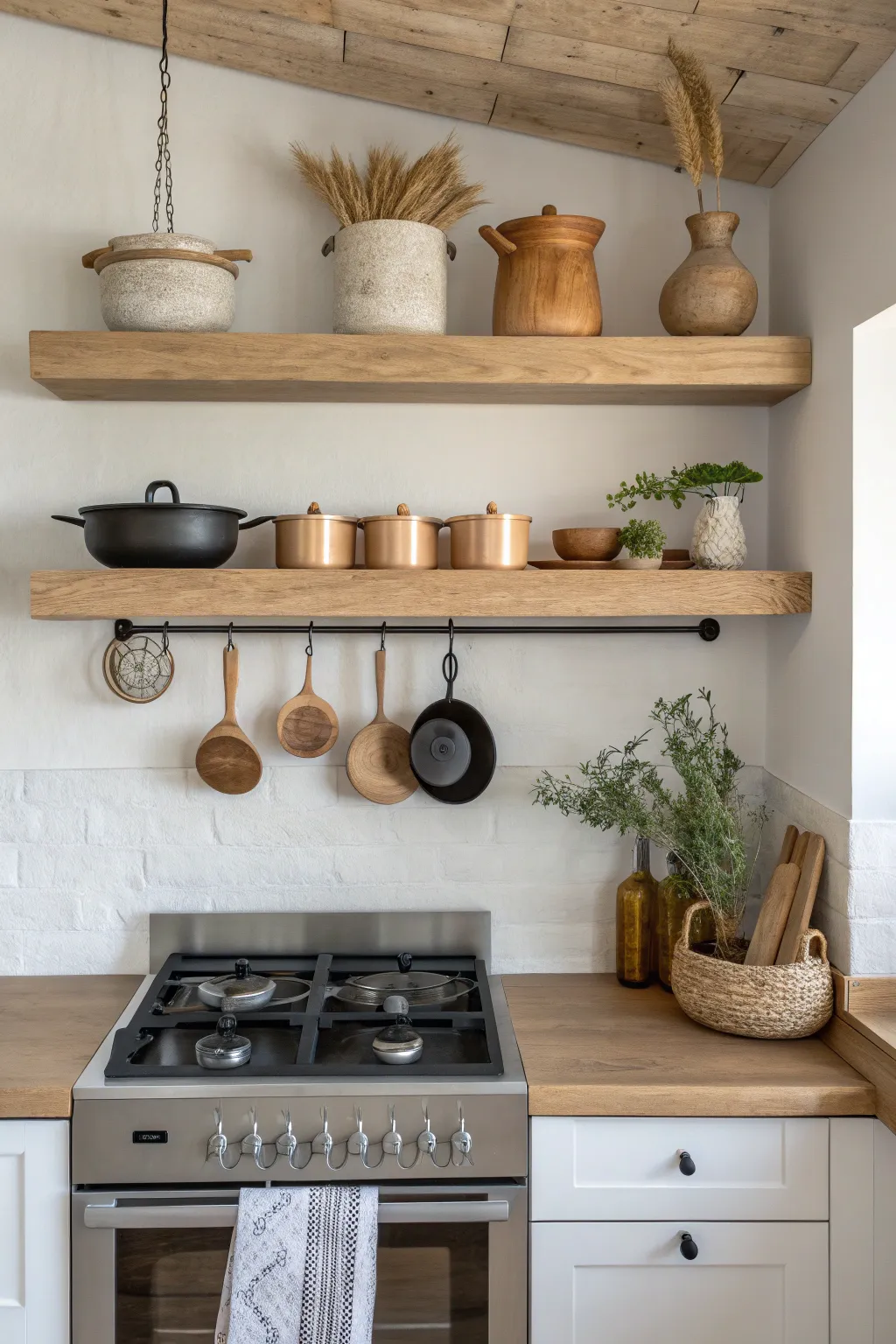 Elevate your kitchen's style with functional elegance: Floating shelves and hanging racks for a perfect blend of beauty and practicality.