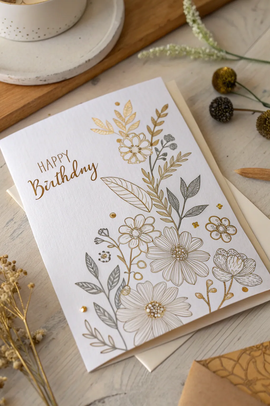 Elevate your birthday greetings with stunning metallic floral accents for a touch of elegance and natural beauty.