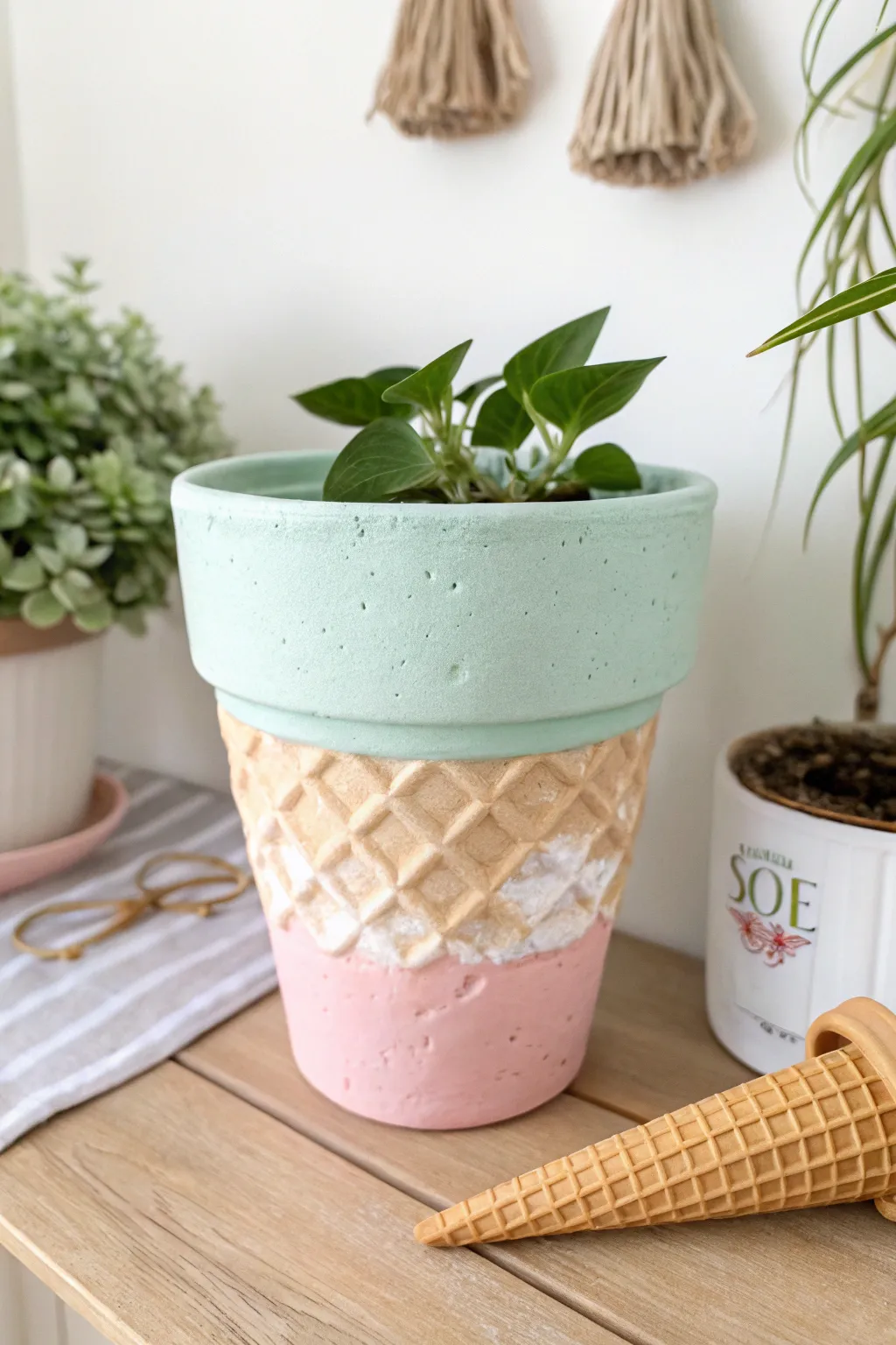 Sweeten up your space with this charming ice cream cone flower pot design!