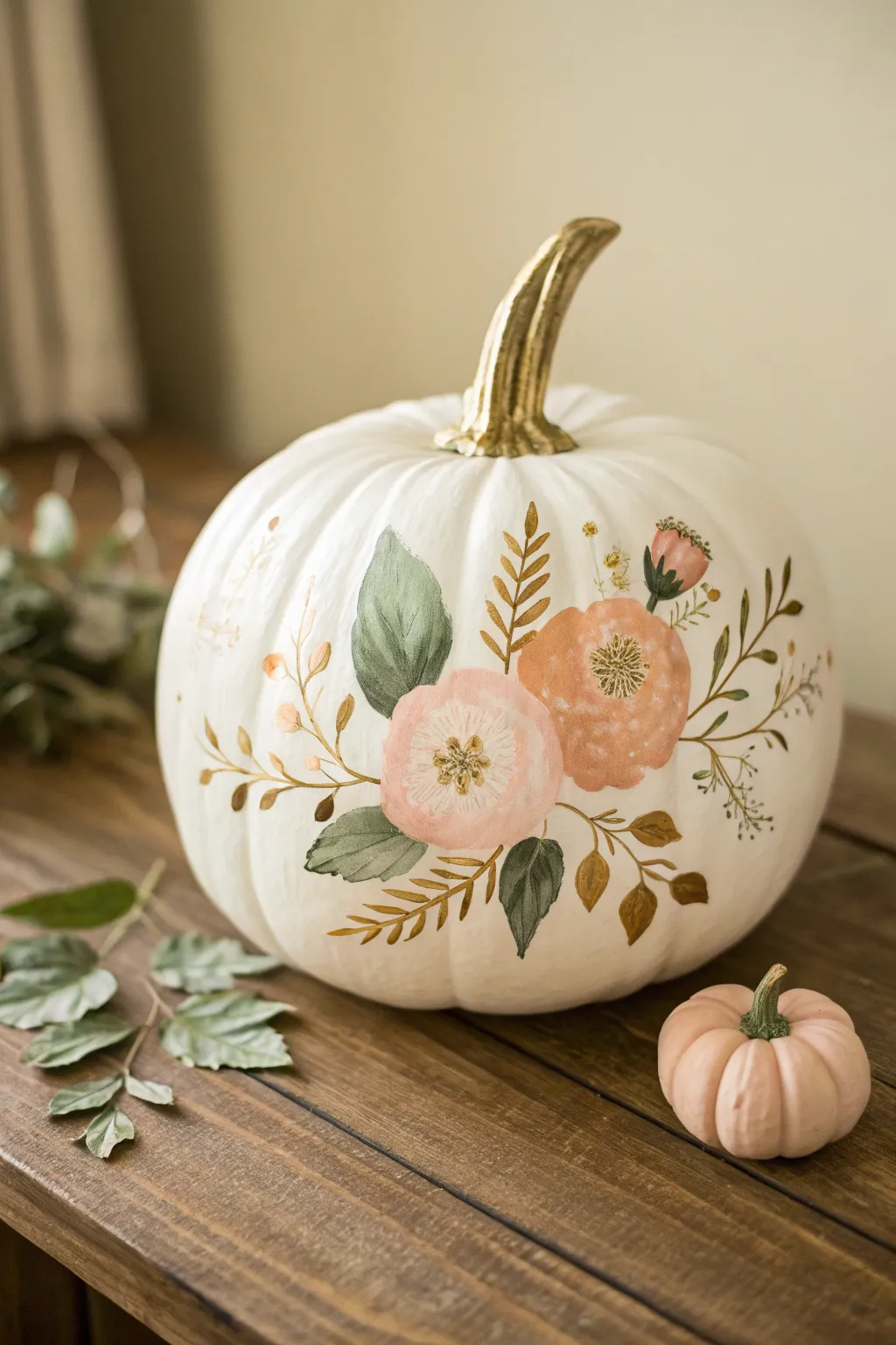 Embrace autumn's elegance with a gilded floral pumpkin masterpiece.