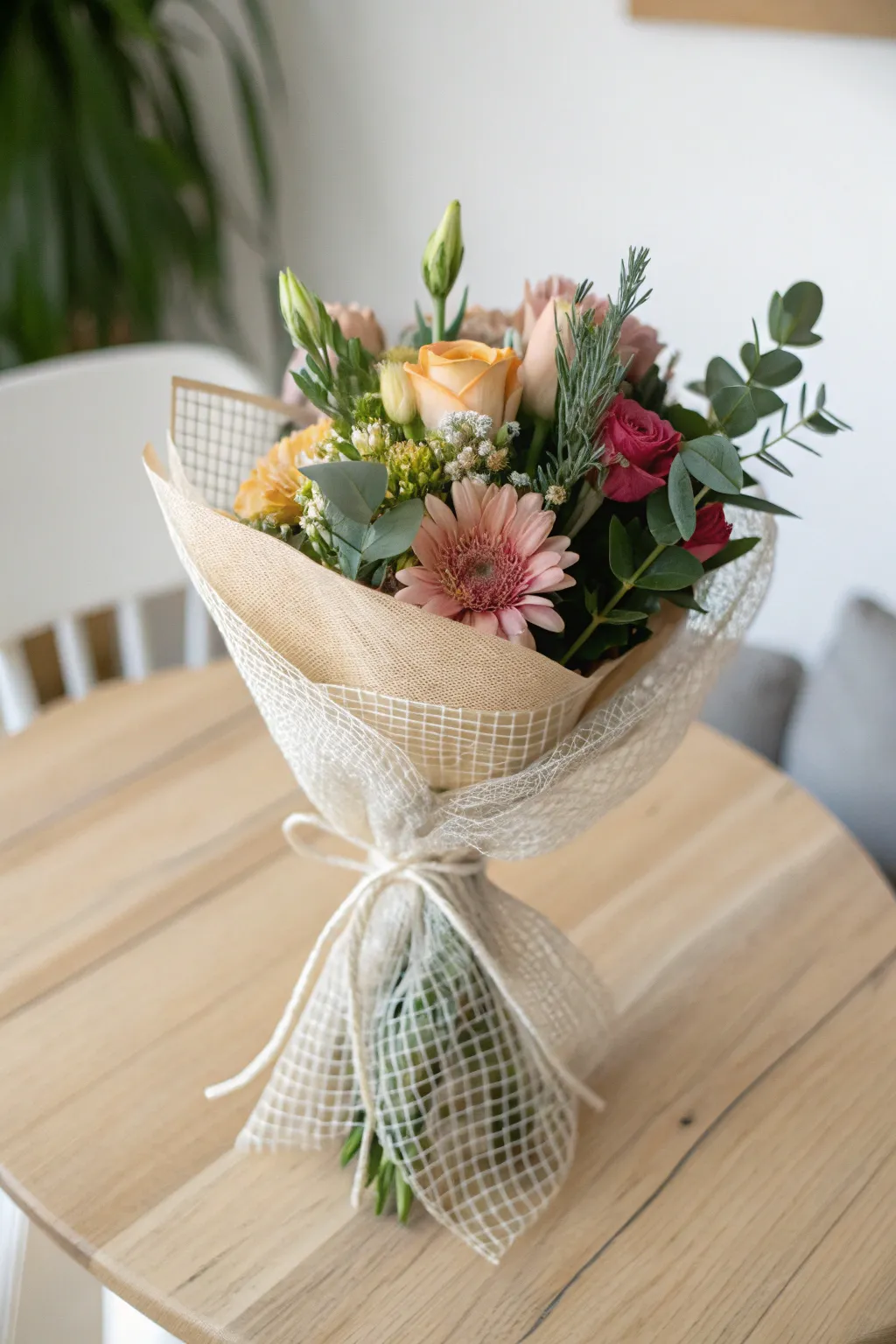 Elevate your bouquet with the subtle texture of mesh magic—where modern design meets nature's beauty.