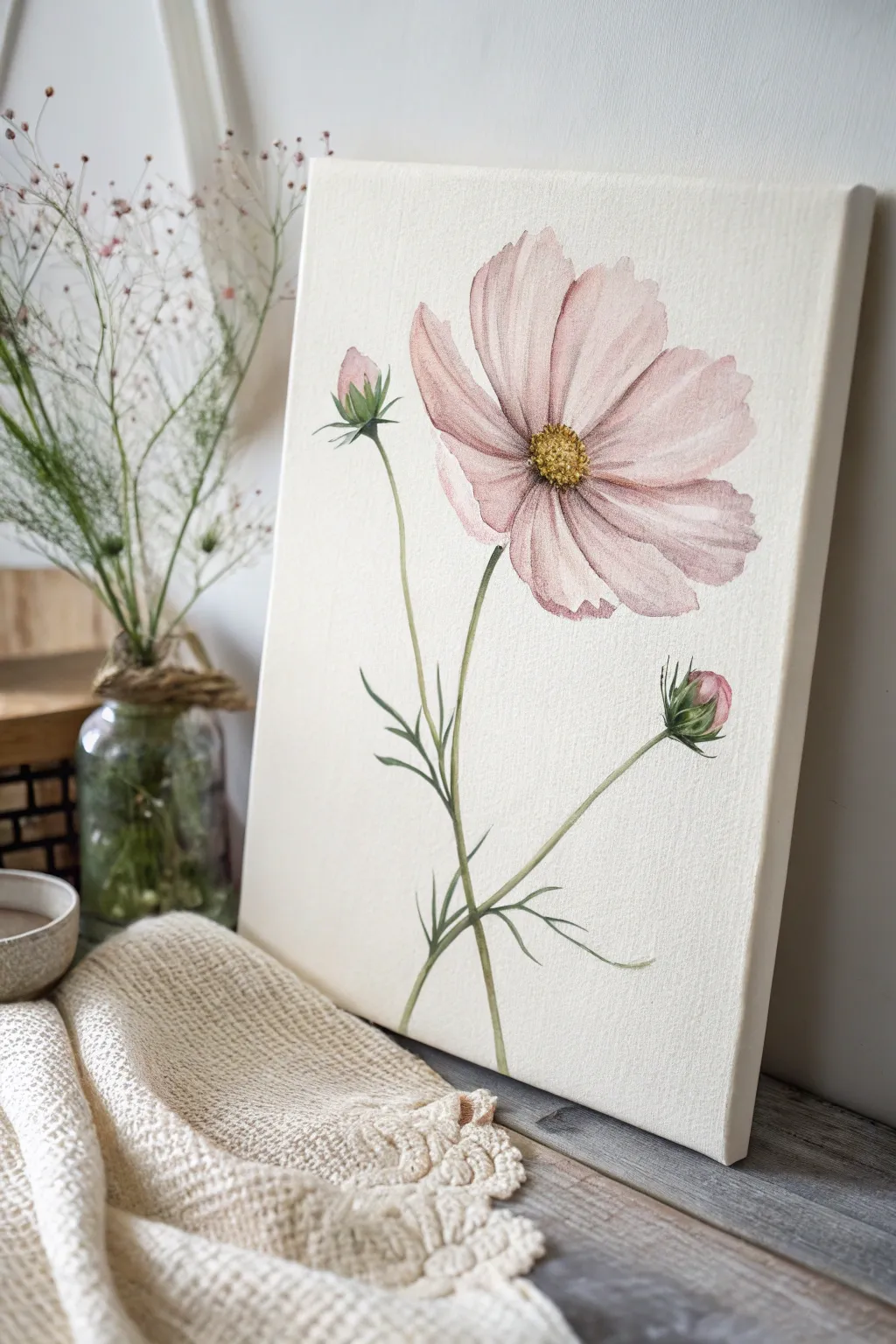 Embrace the beauty of simplicity with this serene cosmos flower painting.