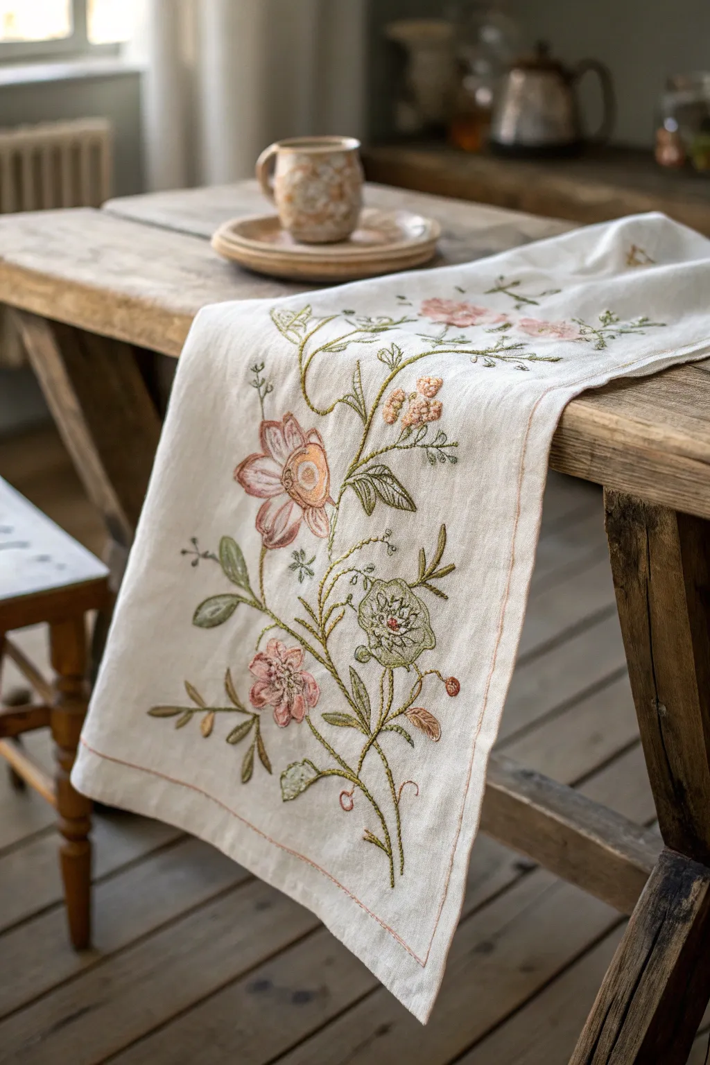 Embrace vintage vibes with delicate floral embroidery, adding timeless charm to your home decor.