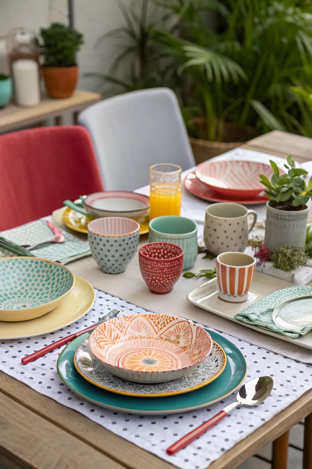 Eclectic tableware adds a unique flair.