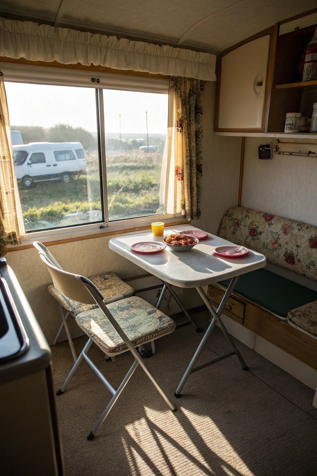 Space-saving with a foldable dining set.