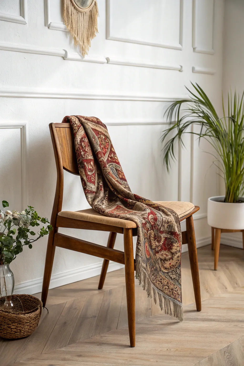 Elevate your space with unexpected upholstery: a vintage scarf adds charm and character to this minimalist chair.