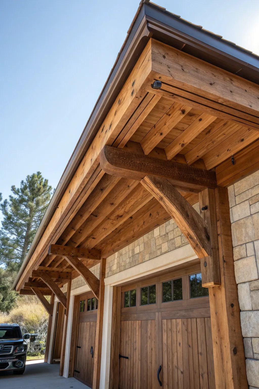 Elevate your garage with the timeless beauty of reclaimed wood overhangs.