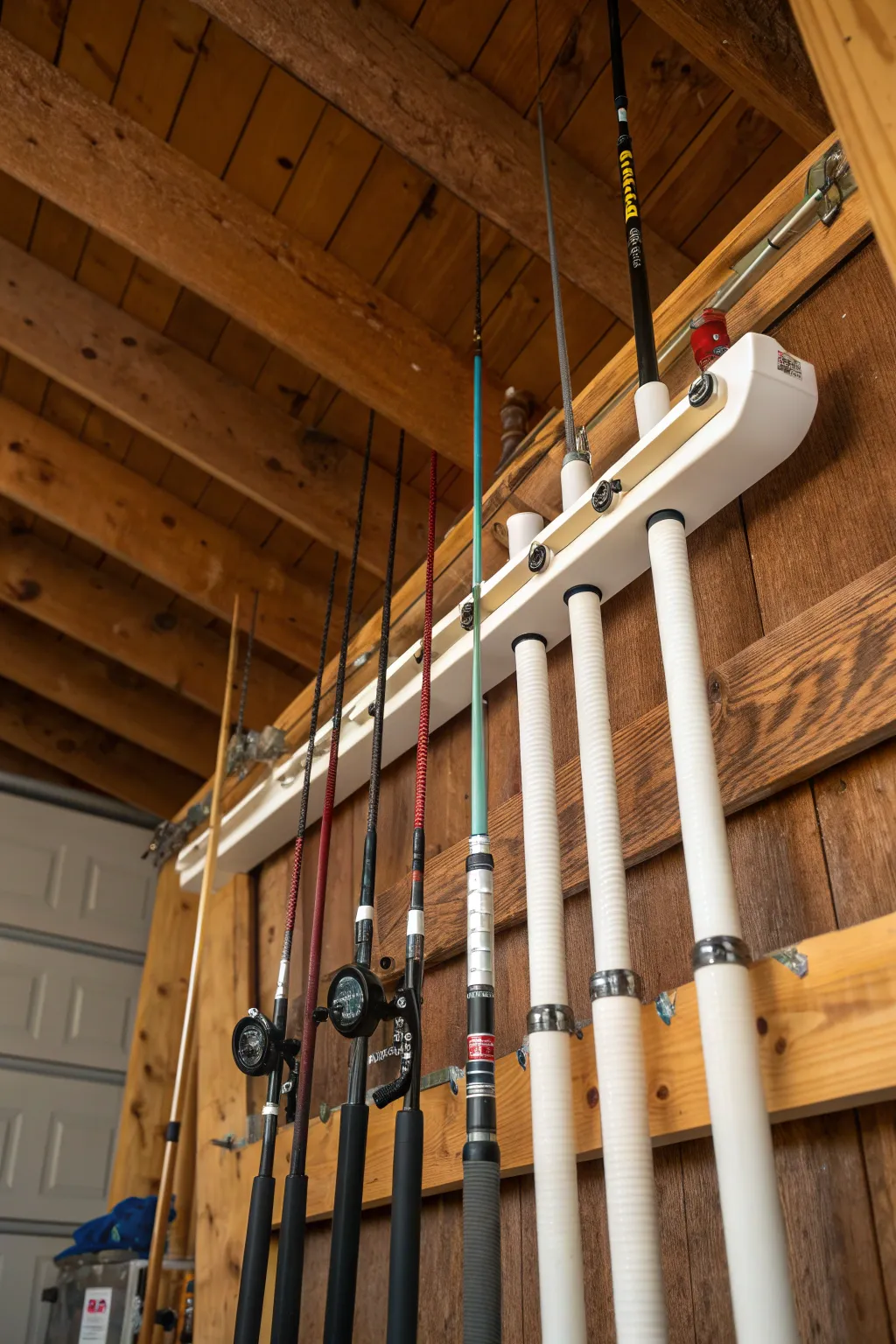 Elevate your garage storage with this handcrafted fishing rod organizer—perfect for the discerning angler.