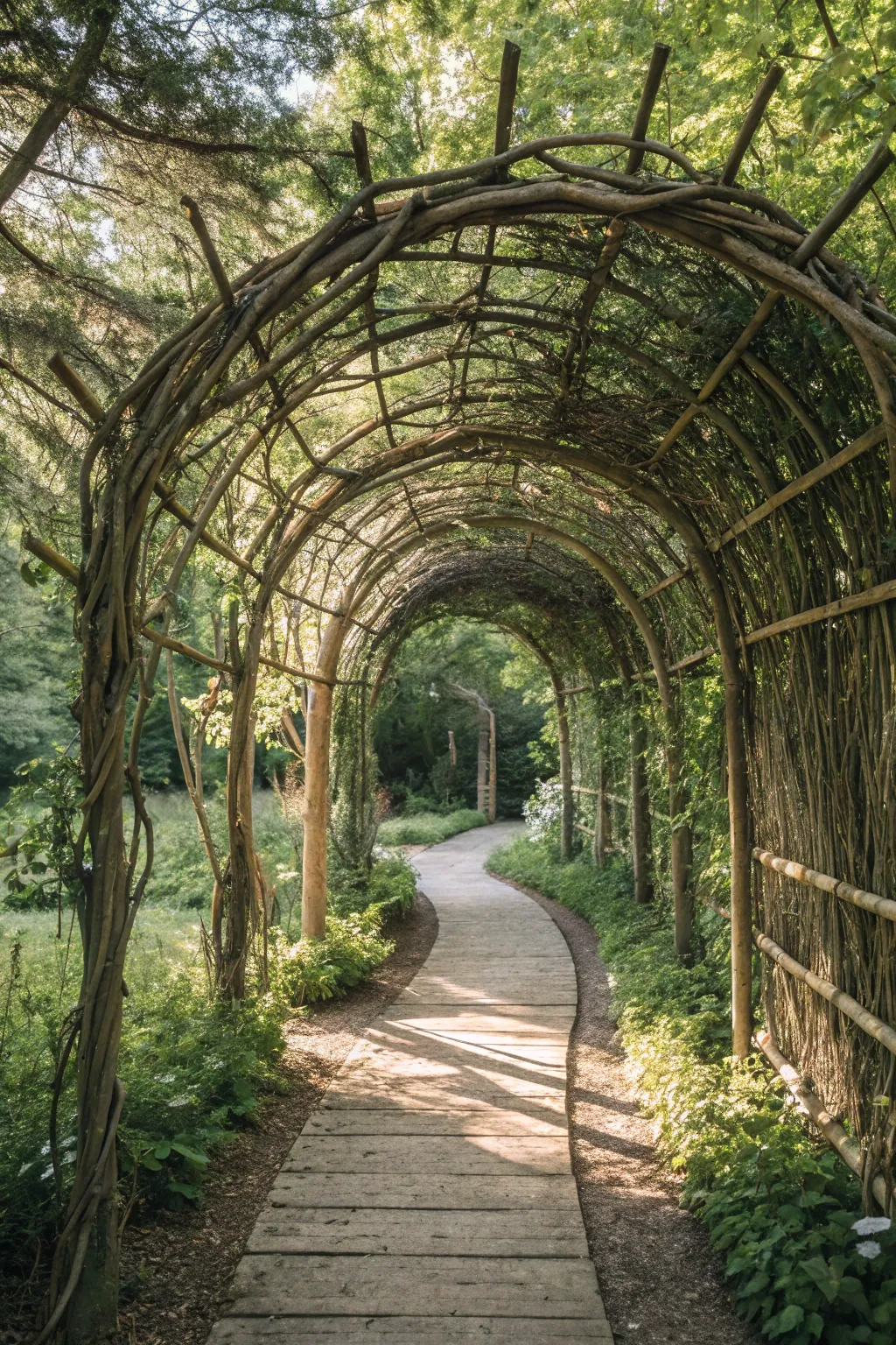 Discover the beauty of handcrafted garden art with this enchanting wooden archway tunnel, where nature and artistry intertwine.