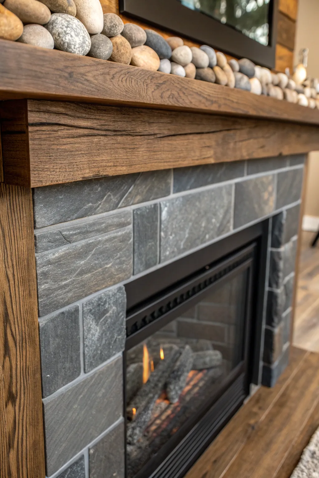 Elevate your fireplace with a stunning blend of textures – where rustic meets refined elegance.