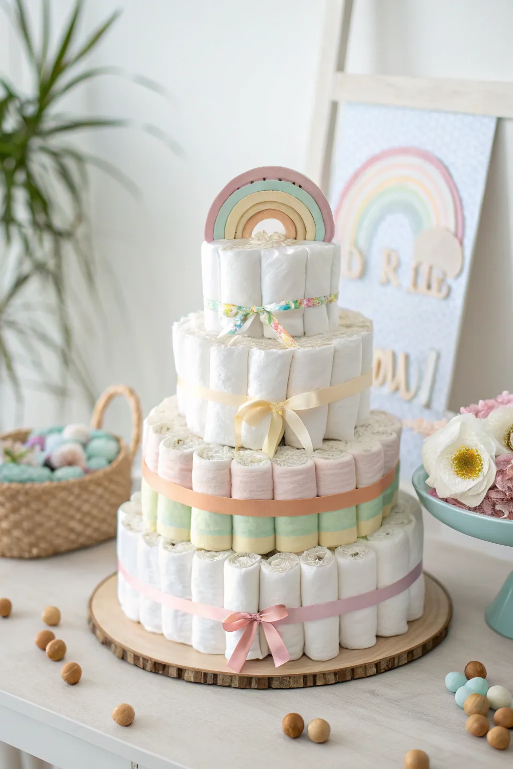 Embrace the beauty of inclusivity with a Rainbow Radiance diaper cake, where soft pastels meet minimalist elegance.