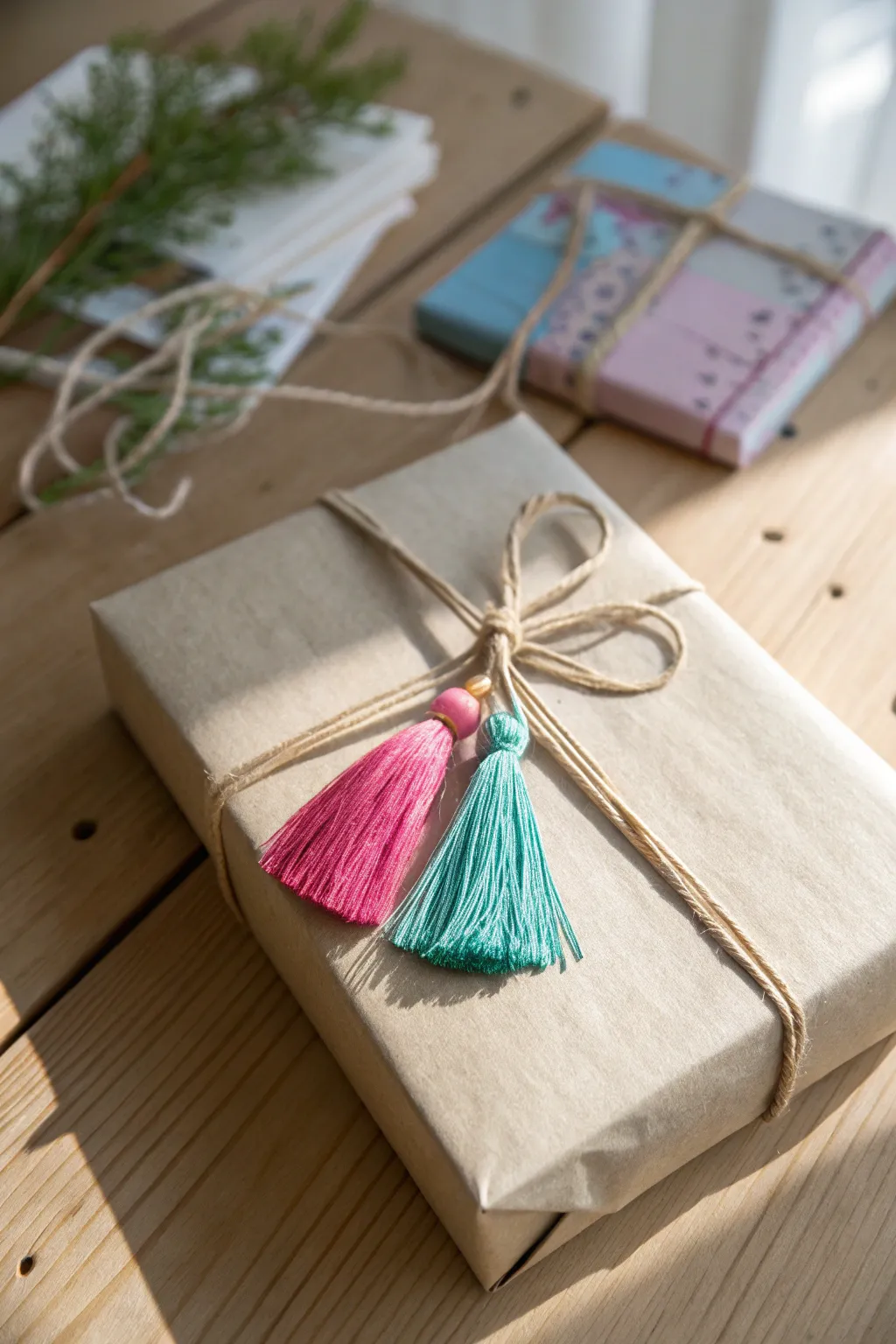 Wrap with a twist! Add a pop of color and sustainability with recycled plastic tassels. 🎁✨ #EcoChic #GiftWrapIdeas