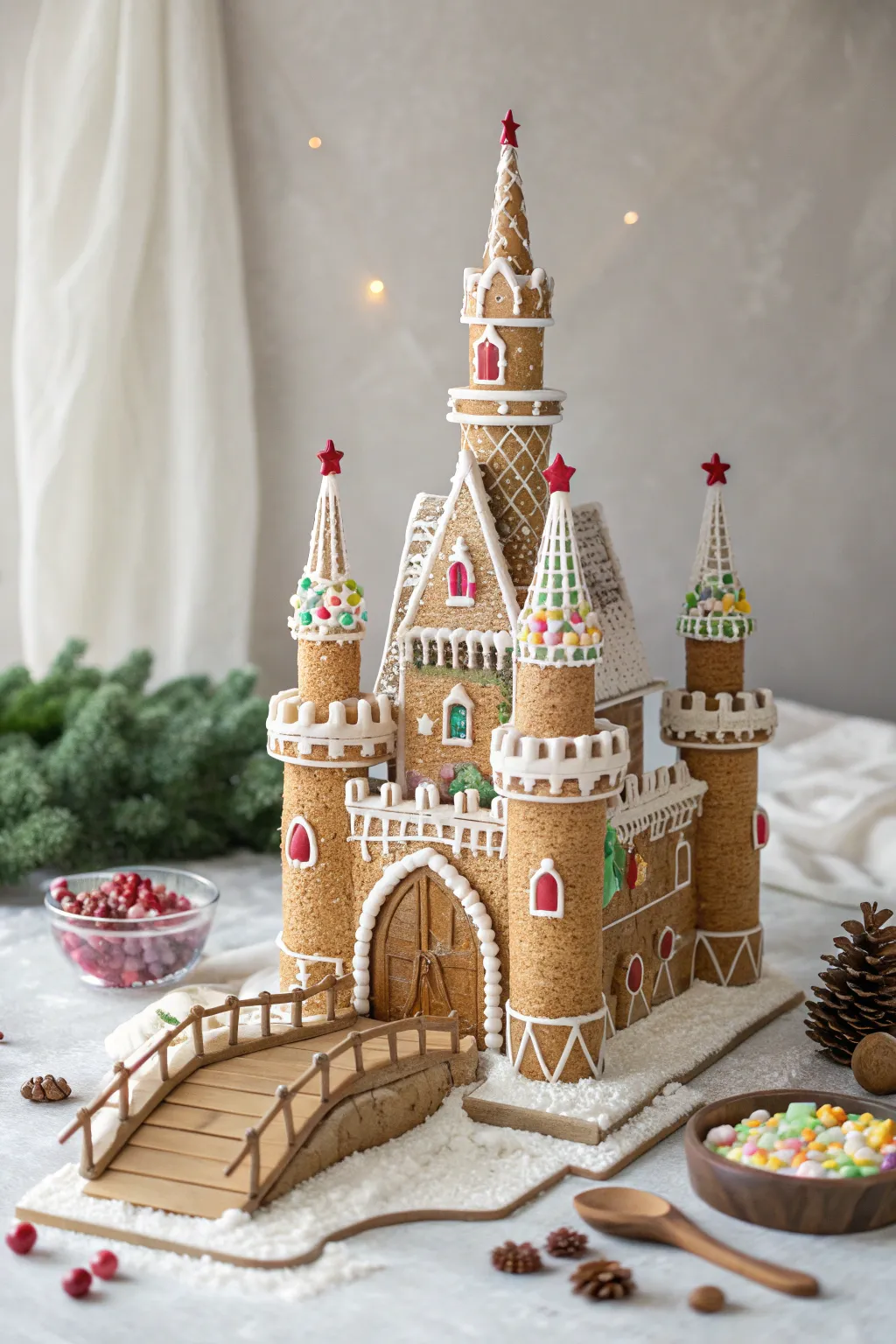 Enter a world of holiday enchantment with this majestic gingerbread castle, adorned with candy jewels fit for royalty.