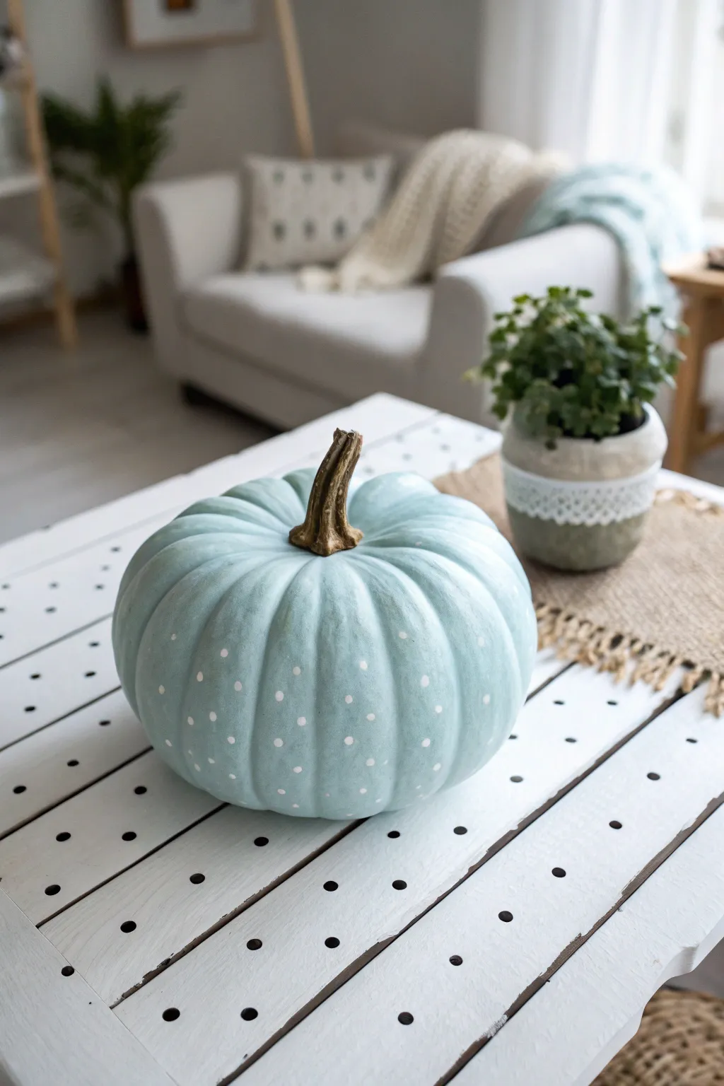 Embrace the playful elegance of polka dots with a pastel blue pumpkin that adds a touch of youthful charm to your decor.