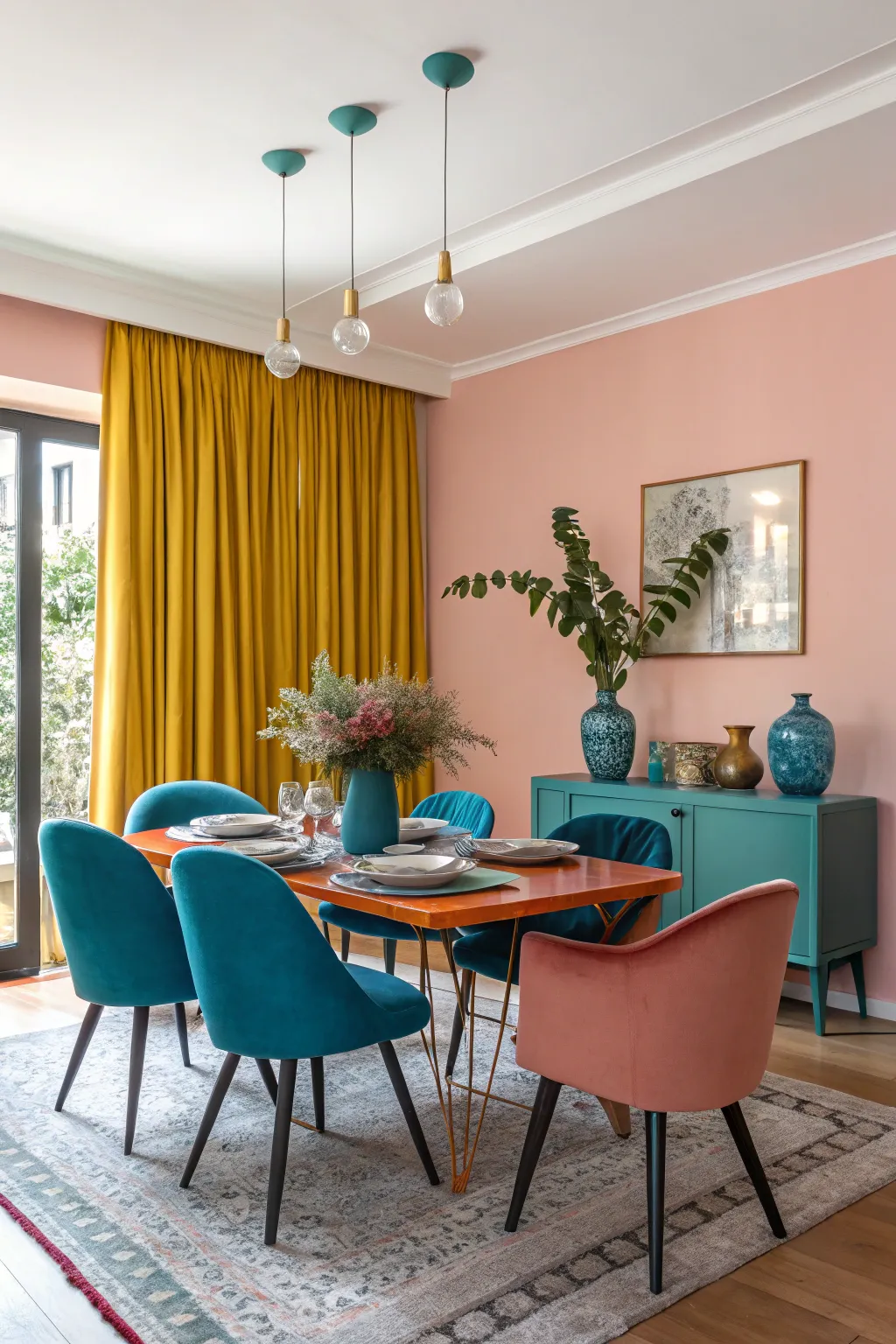 An unexpected color palette for a bold and unique dining area.