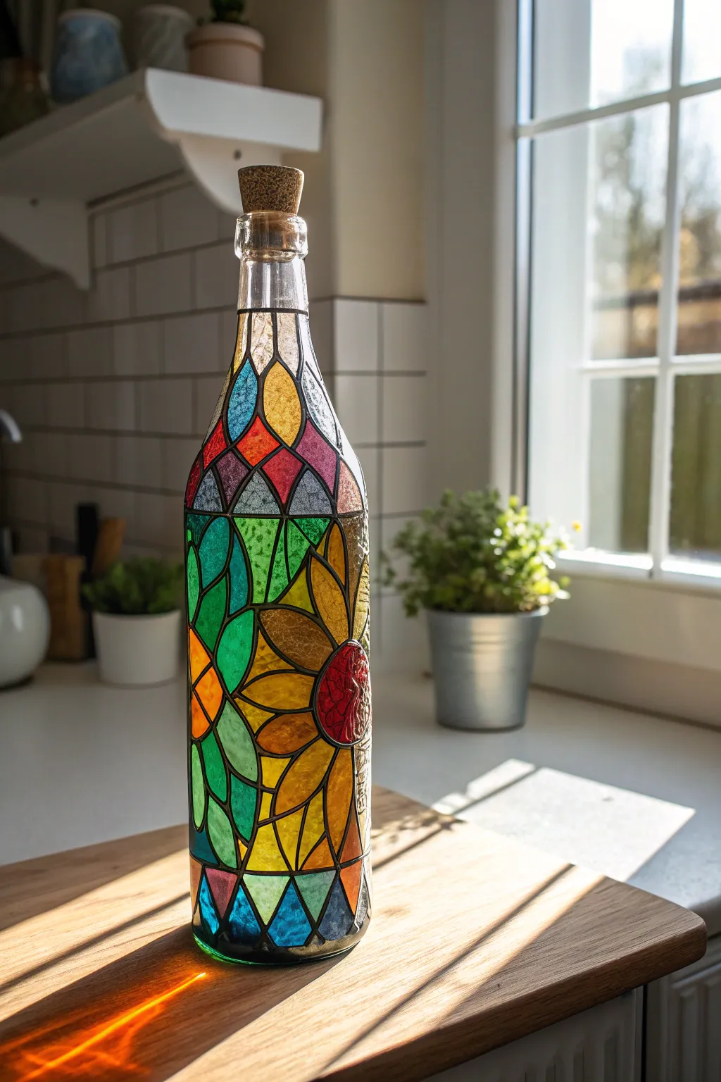 Bring a touch of stained glass elegance to your kitchen with handcrafted painted bottles.