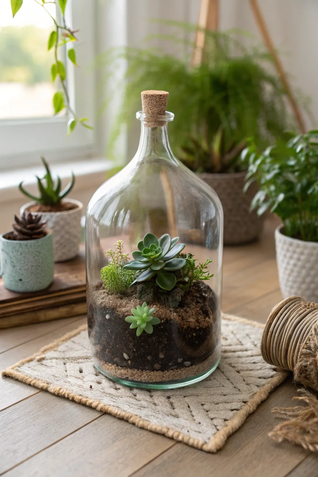 Transform glass bottles into stunning tabletop terrariums for a touch of nature and elegance in your home.
