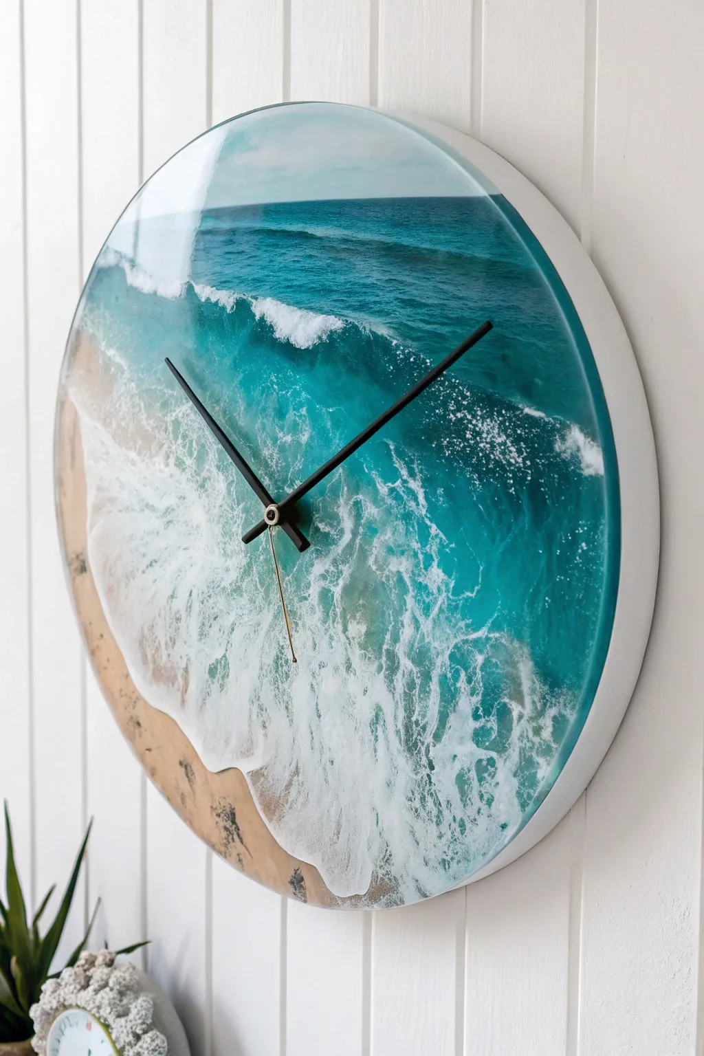 Capture the essence of the coast with this stunning resin and glass wall clock—where time meets tranquility.