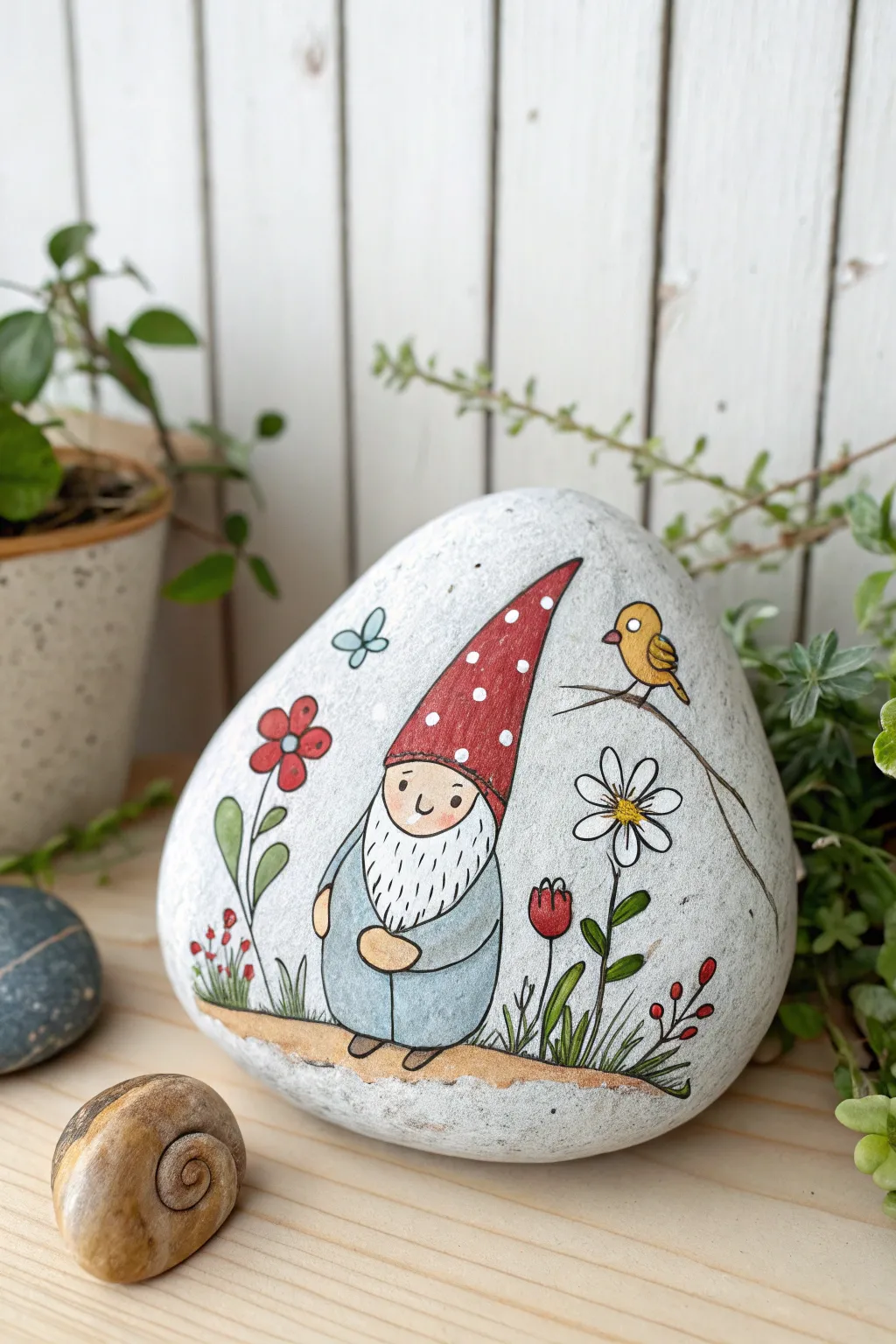 Add a touch of whimsy to your decor with charming gnome rock art and its playful animal companions.