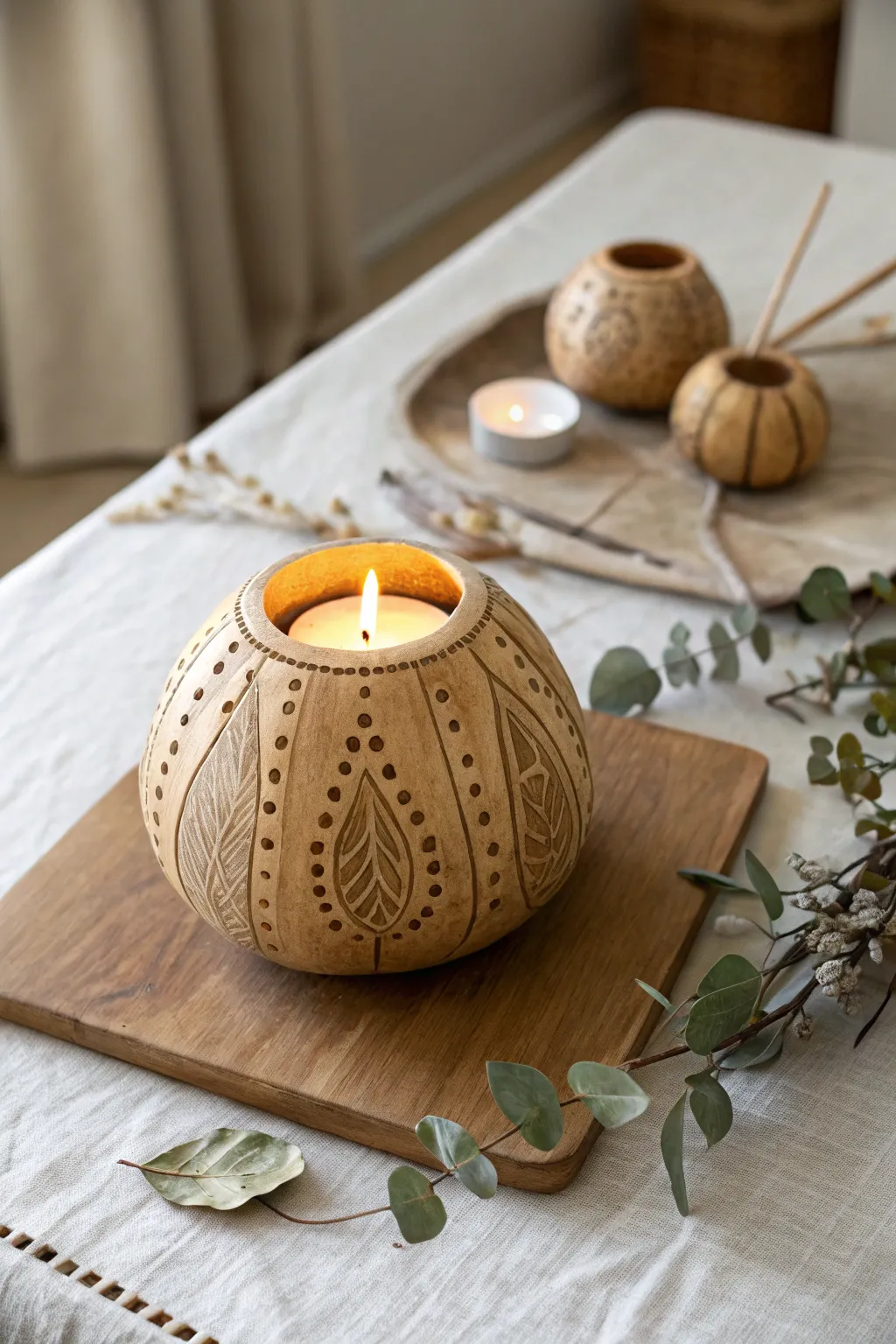 Illuminate your space with the natural elegance of a handcrafted gourd candle holder.