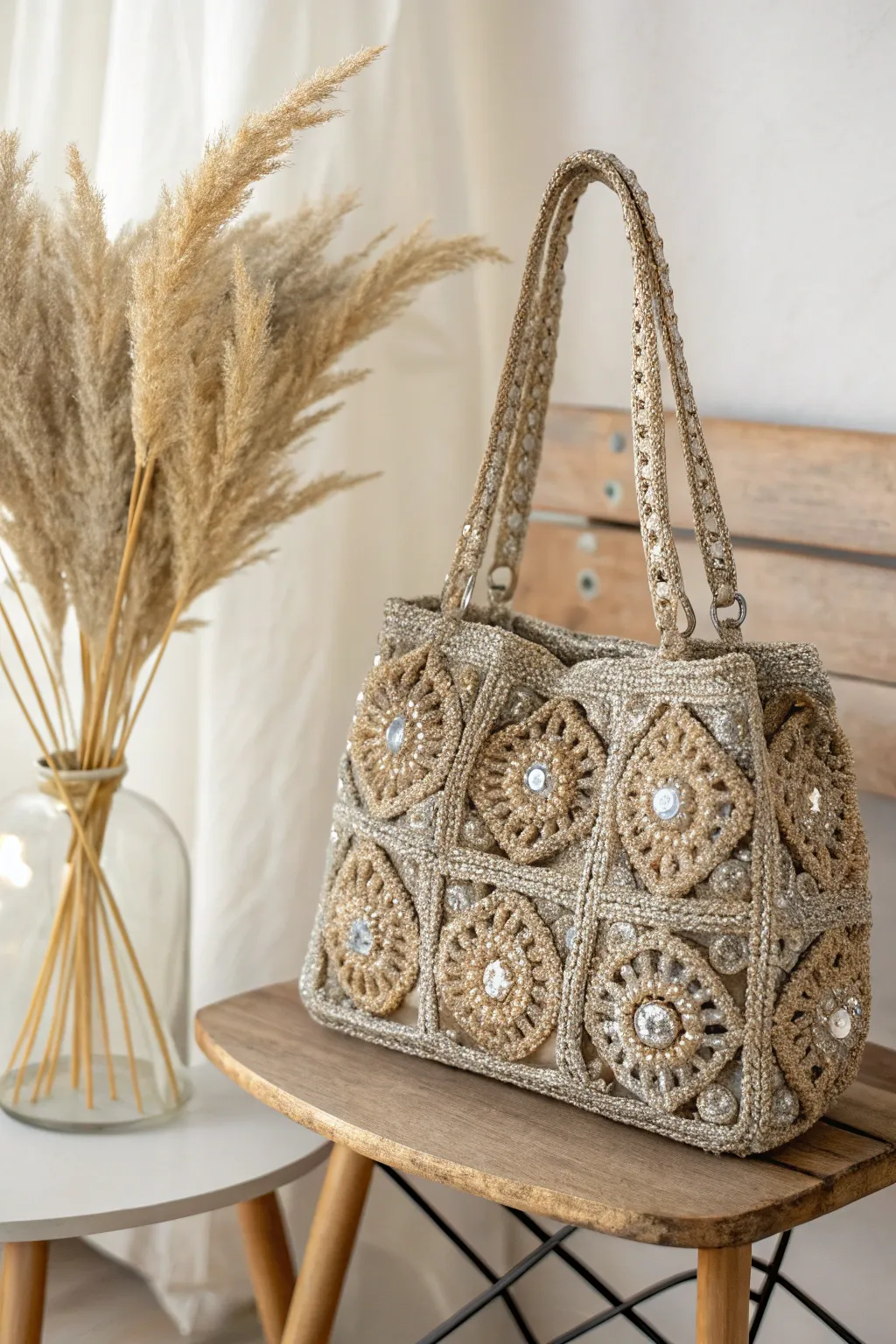 Add a touch of sparkle to your evening with this stunning metallic granny square bag.