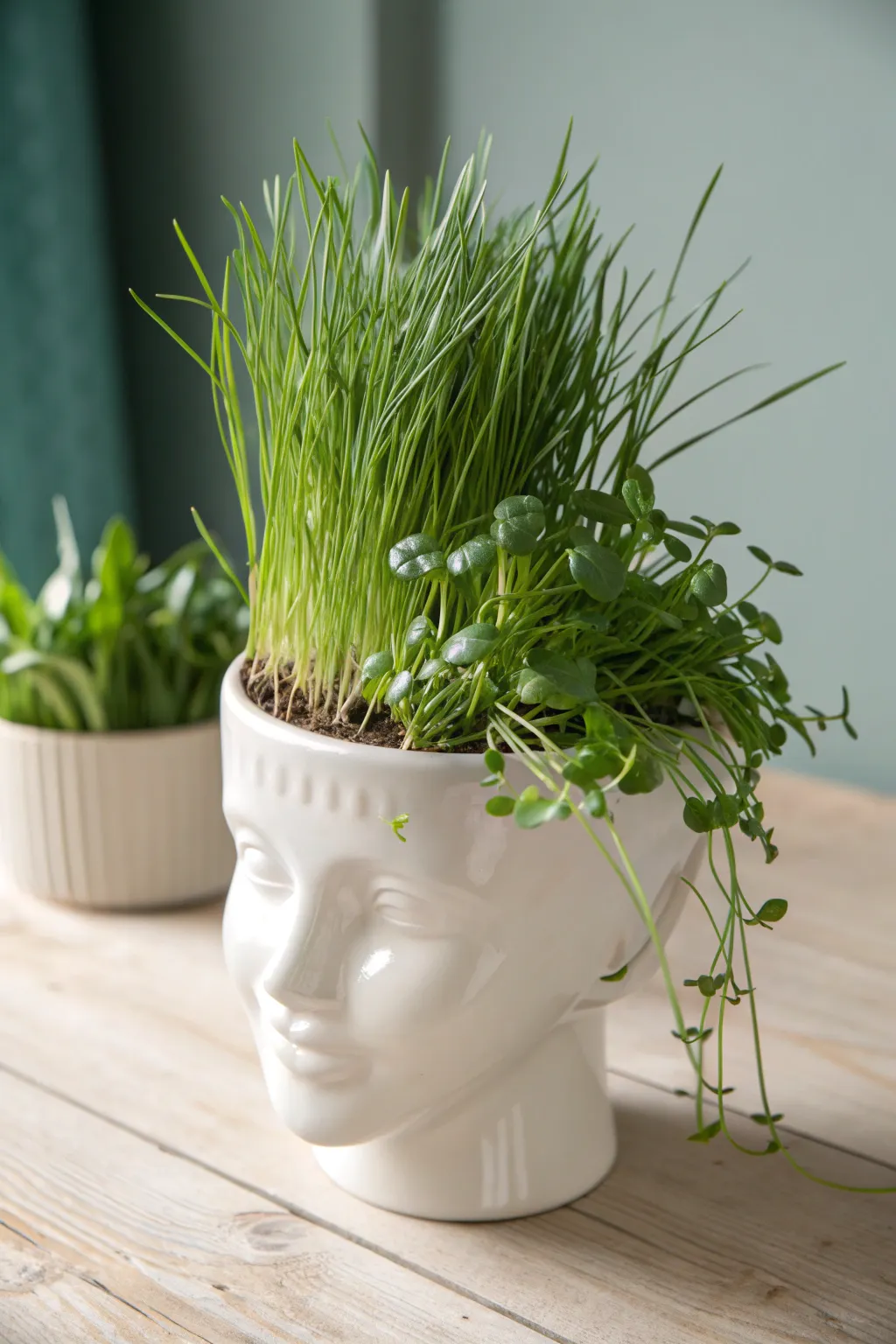 Elevate your kitchen with a stylish and functional grass head planter, blending natural beauty and fresh herbs.