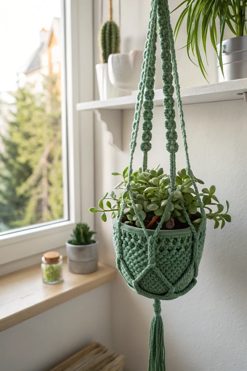 Elevate your greenery with this jade crochet plant holder, where timeless craftsmanship meets minimalist elegance.