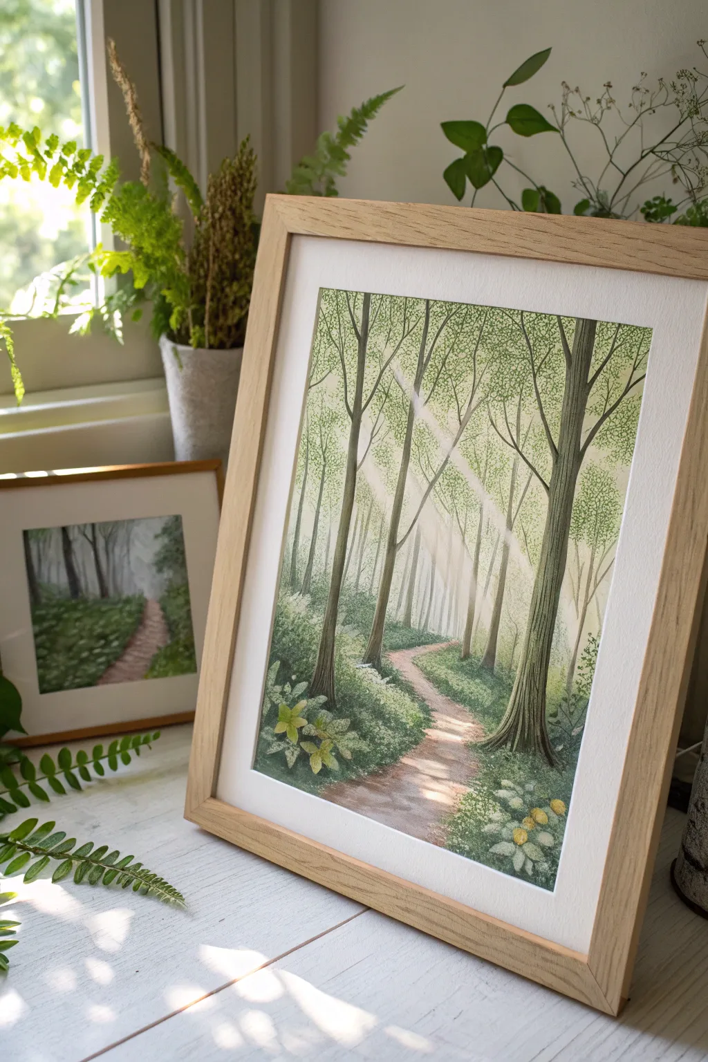 Step into a dreamy forest with this enchanting green artwork, where light and shadow dance in harmony.