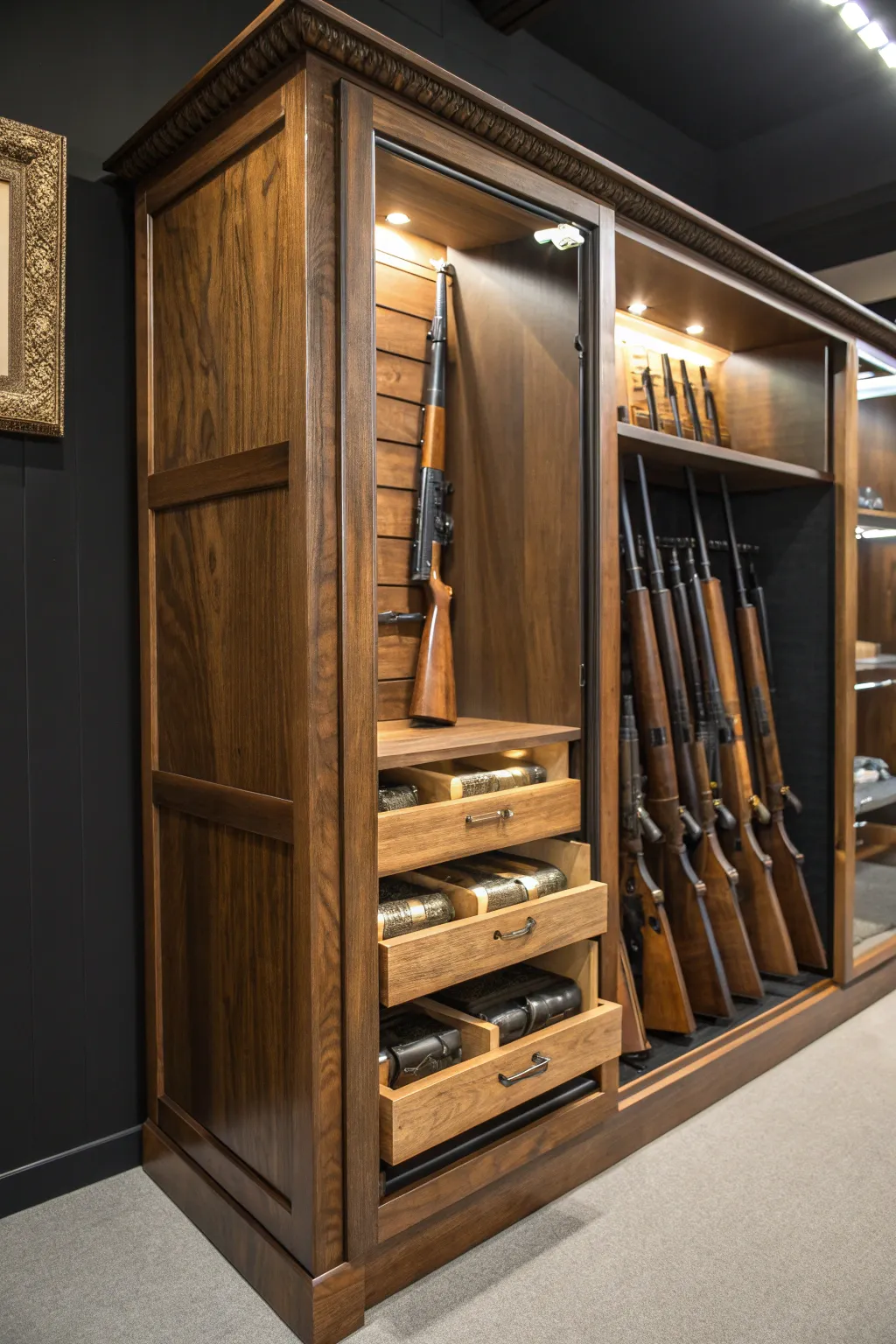 Discover the art of concealed elegance with this expertly crafted slide-out gun storage solution.