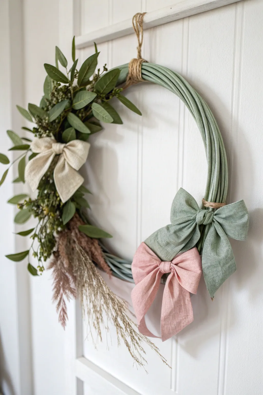 Transform an old wreath into a chic hair bow holder with a boho twist. Embrace simplicity and natural beauty!