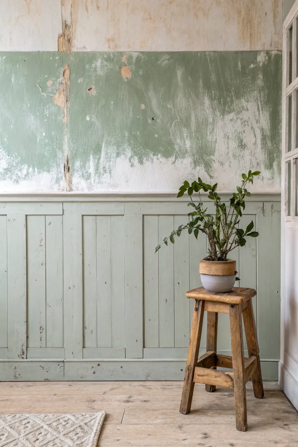 Embrace rustic charm with a distressed half-painted wall, perfect for adding character and warmth to your space.
