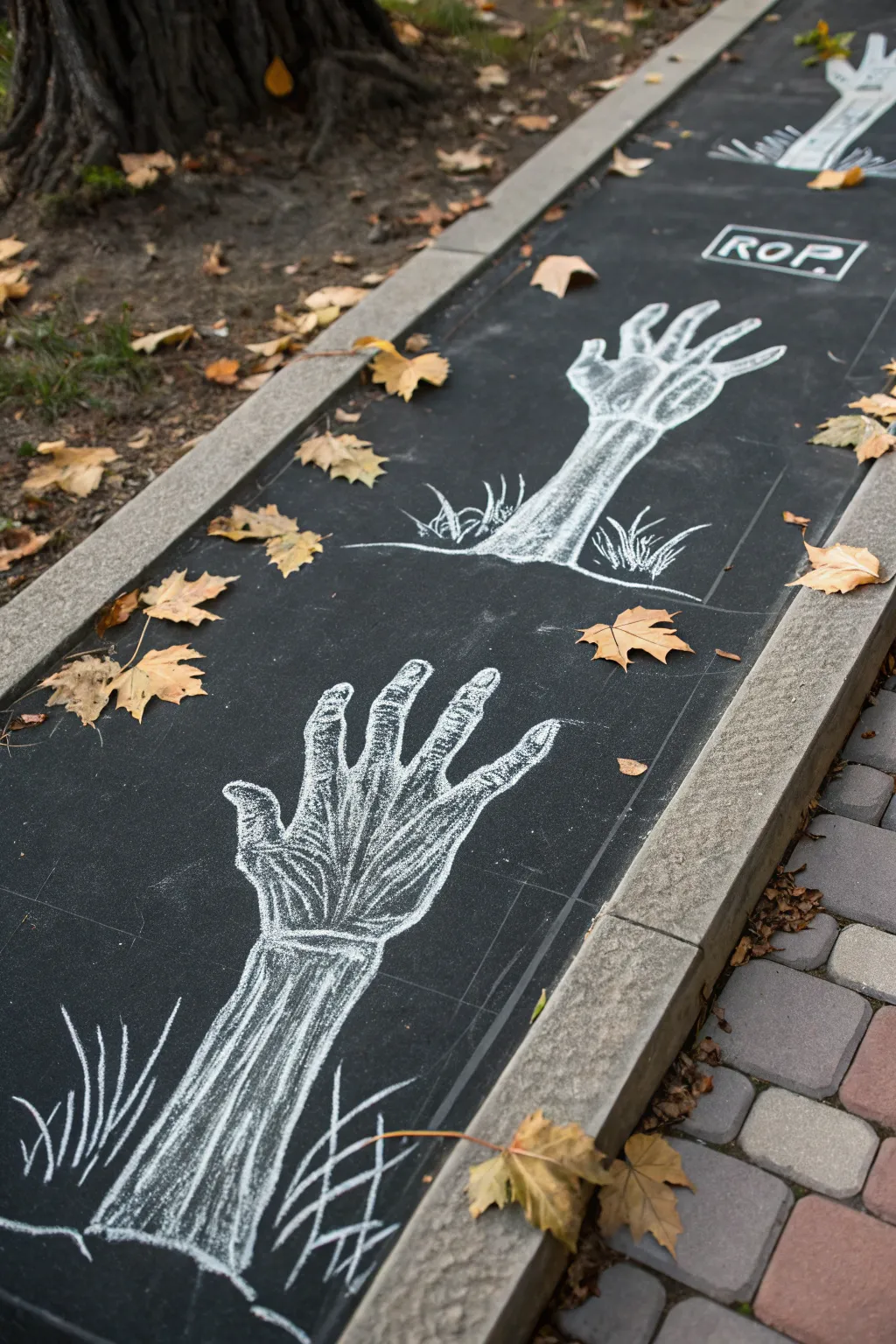 Creepy elegance meets minimalist charm with this hauntingly beautiful zombie hand chalk art.