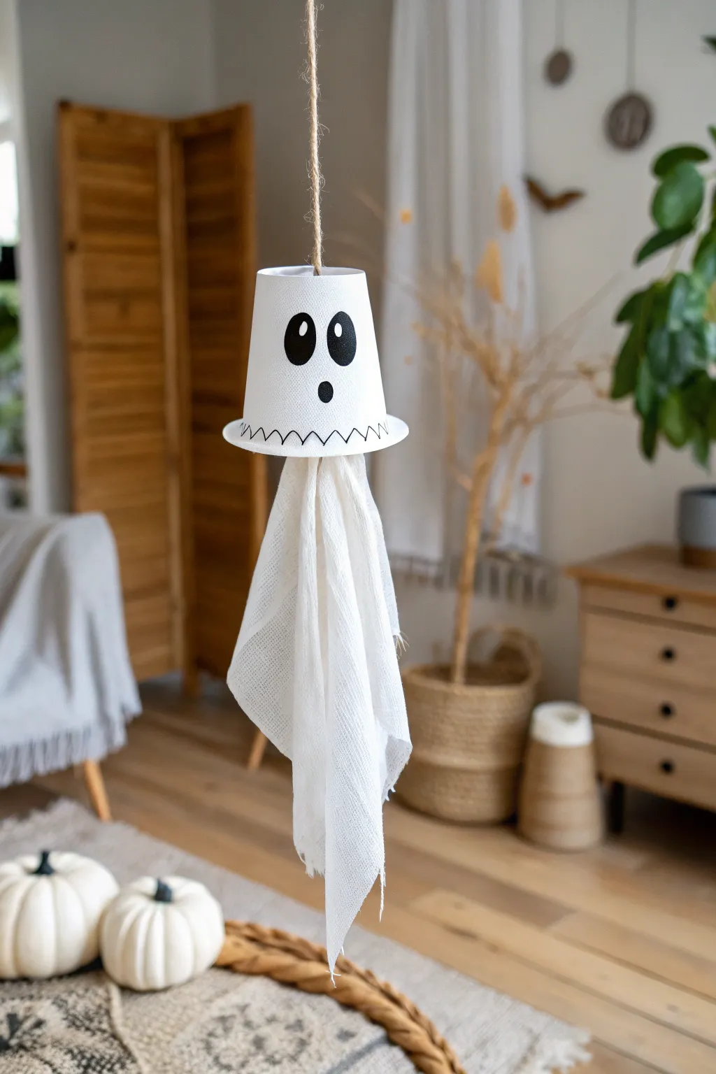 Enchant your little ones with this charming Flying Paper Cup Ghost - a simple yet delightful Halloween craft that brings a touch of whimsy to any minimalist space.