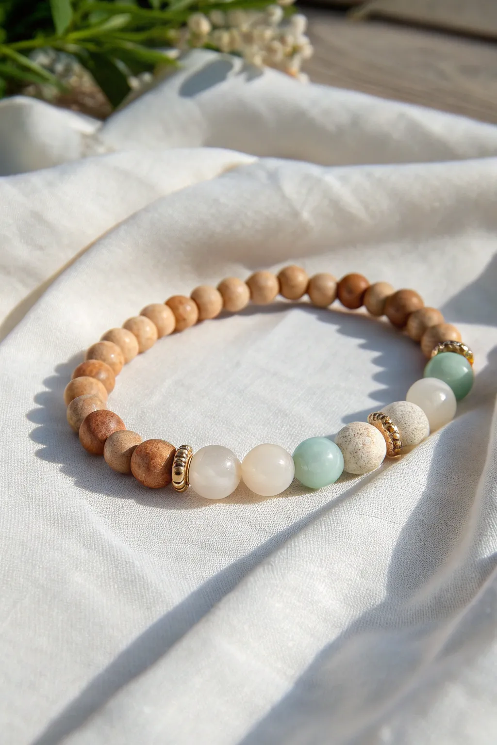 Explore the art of contrasts with a handmade bracelet that blends beads of all sizes for a unique, playful touch.