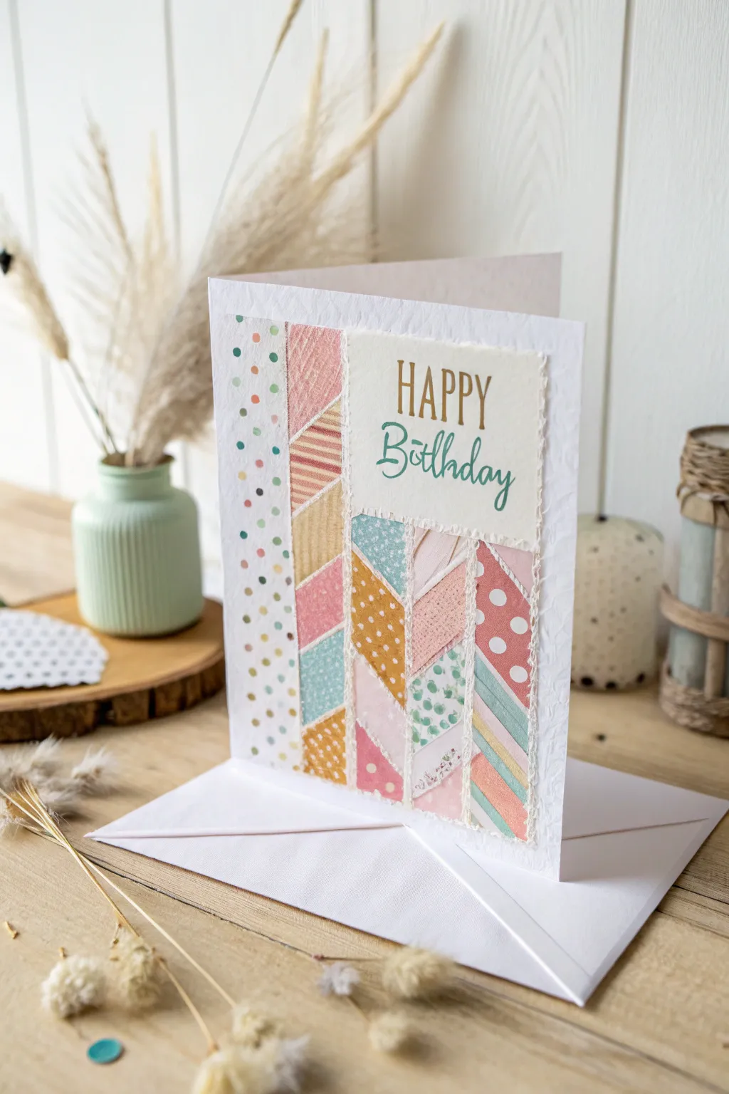 Crafting joy with sustainable scraps: A whimsical collage card for a memorable birthday!