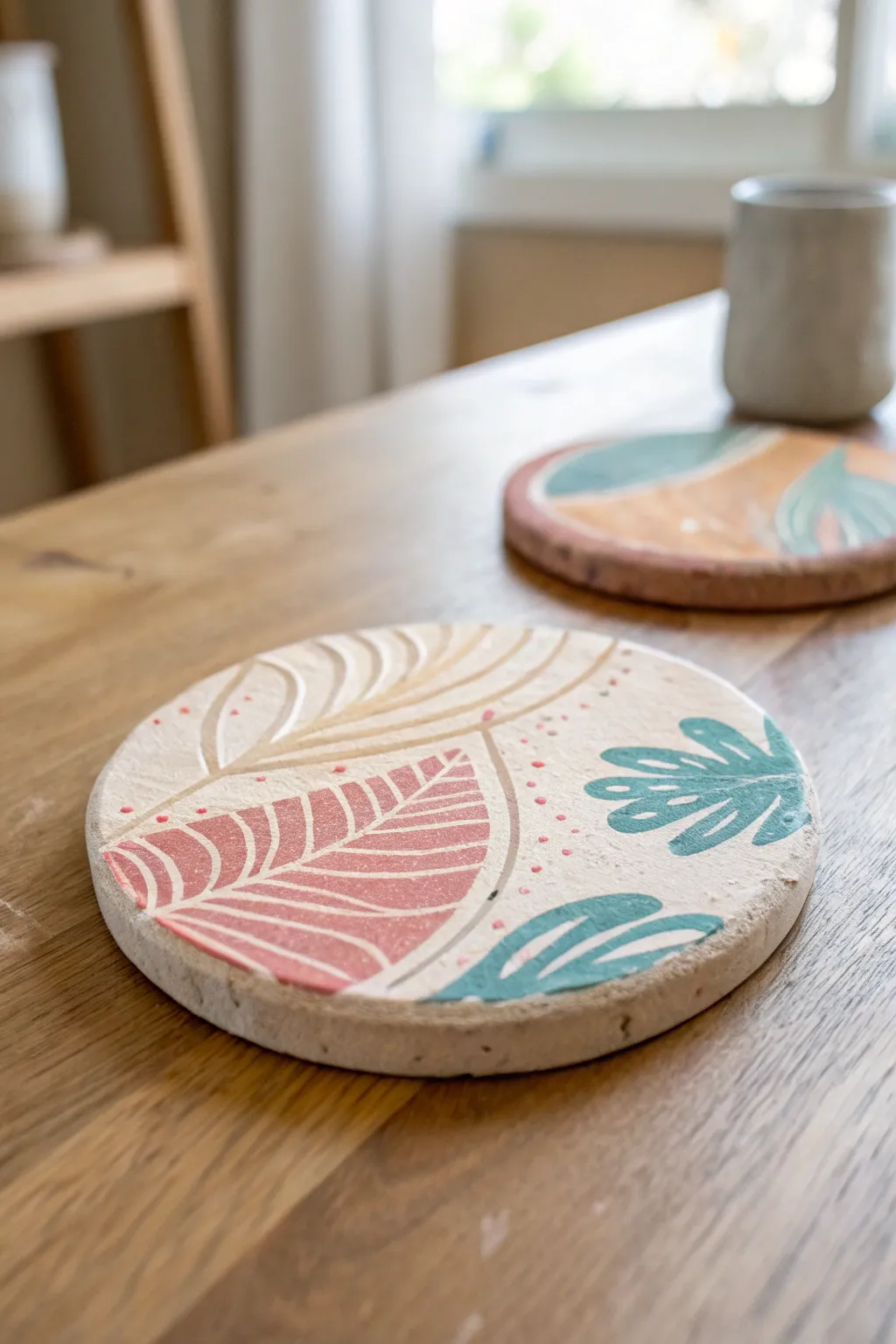 Elevate your table decor with handcrafted clay coasters that are true painted masterpieces. 🎨✨ #ScandiBoho #ArtisanalBeauty