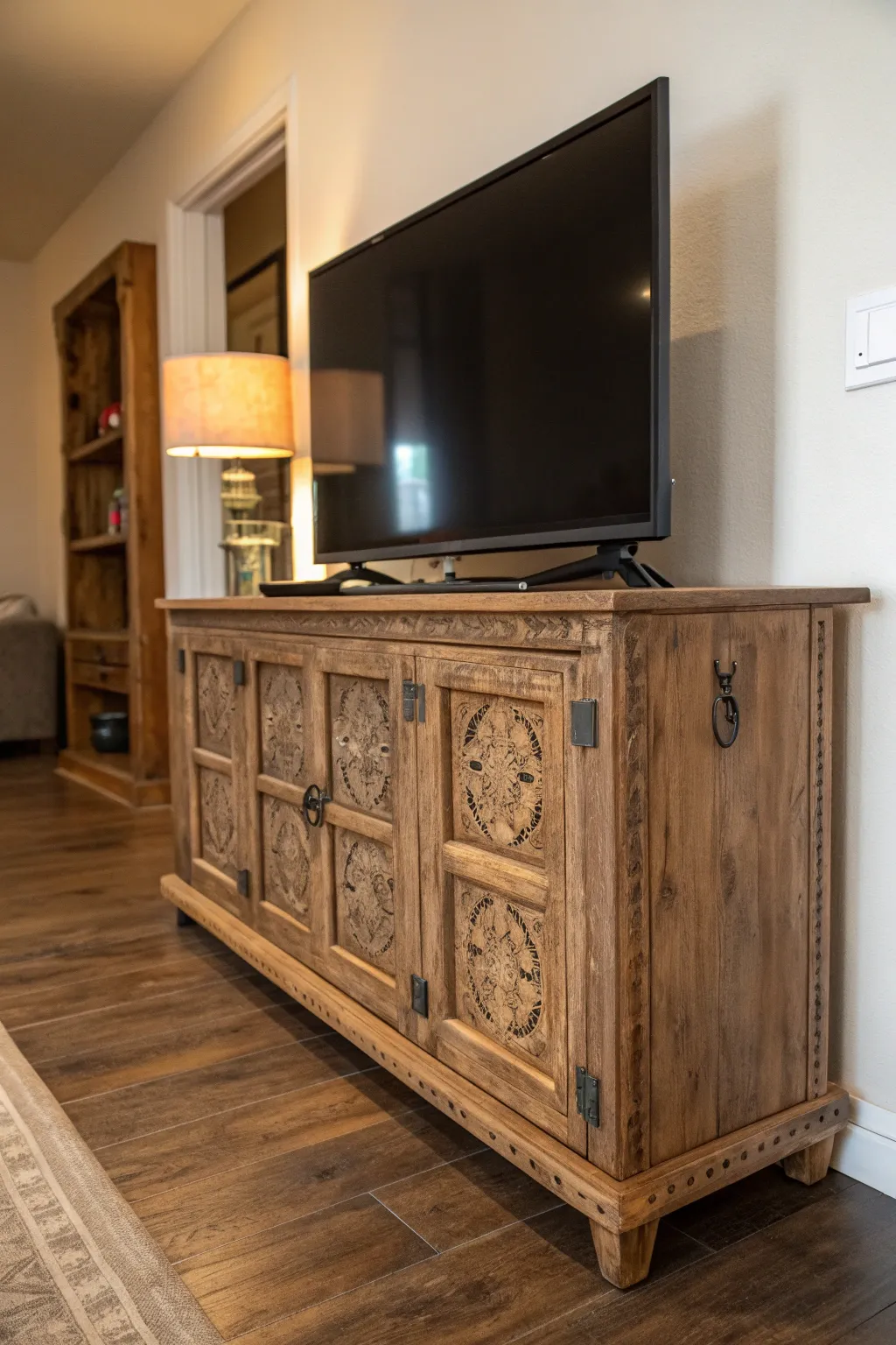 Transform your space with a repurposed door TV stand – where rustic charm meets modern functionality.