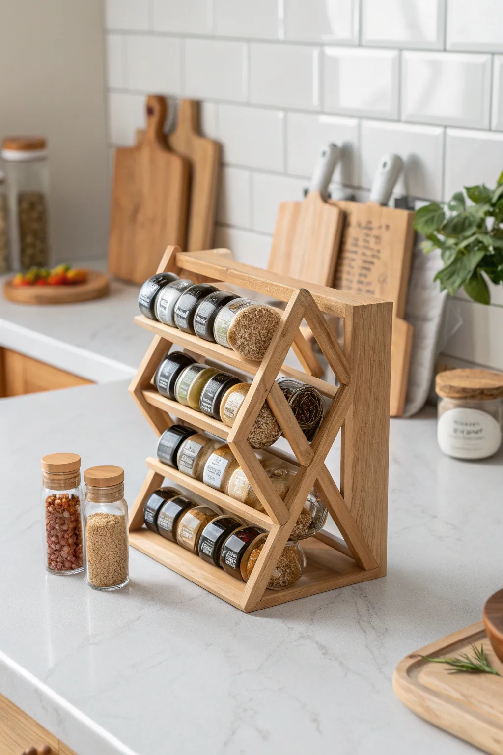 Elevate your kitchen with a criss-cross spice rack that blends artistry with function. #ScandiBoho #MinimalistElegance