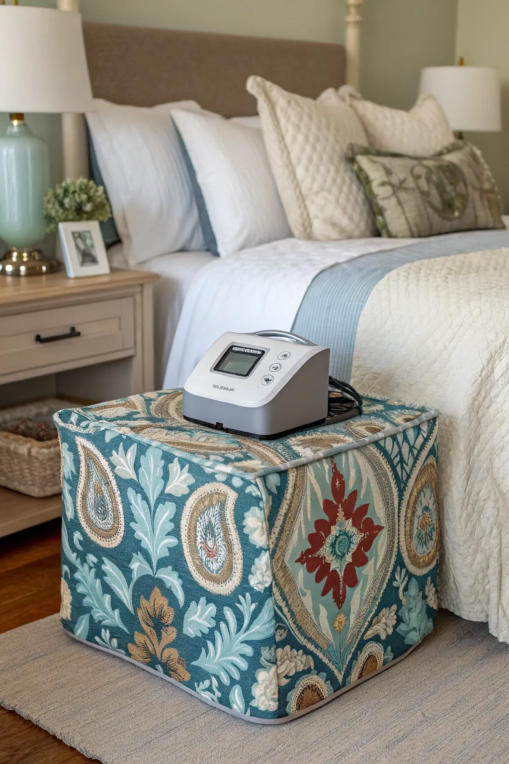 A custom cover adds a personalized touch to the CPAP machine.
