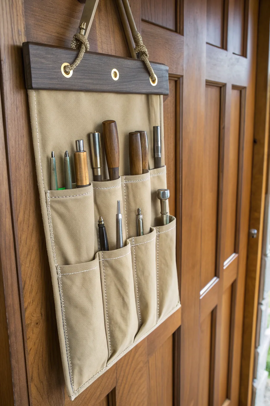 Elevate your tool storage with handcrafted fabric pockets — a perfect blend of style and function for the organized craftsman.