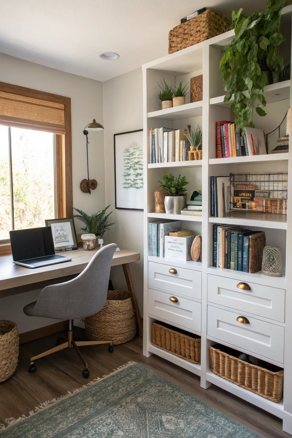 A personal library adds charm and inspiration to your office.
