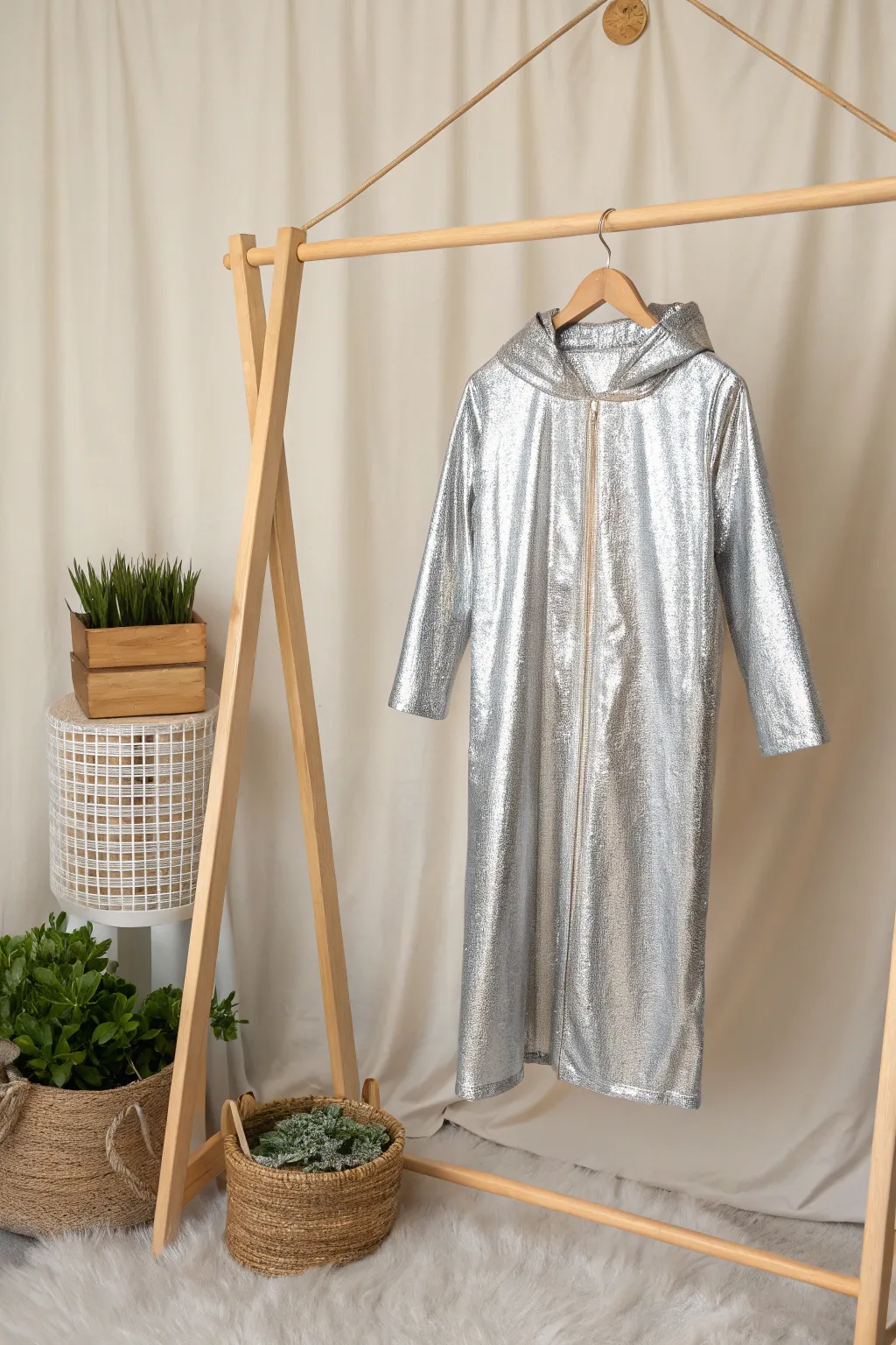 Step into the future with this stunning metallic crayon costume, where minimalism meets sci-fi chic.
